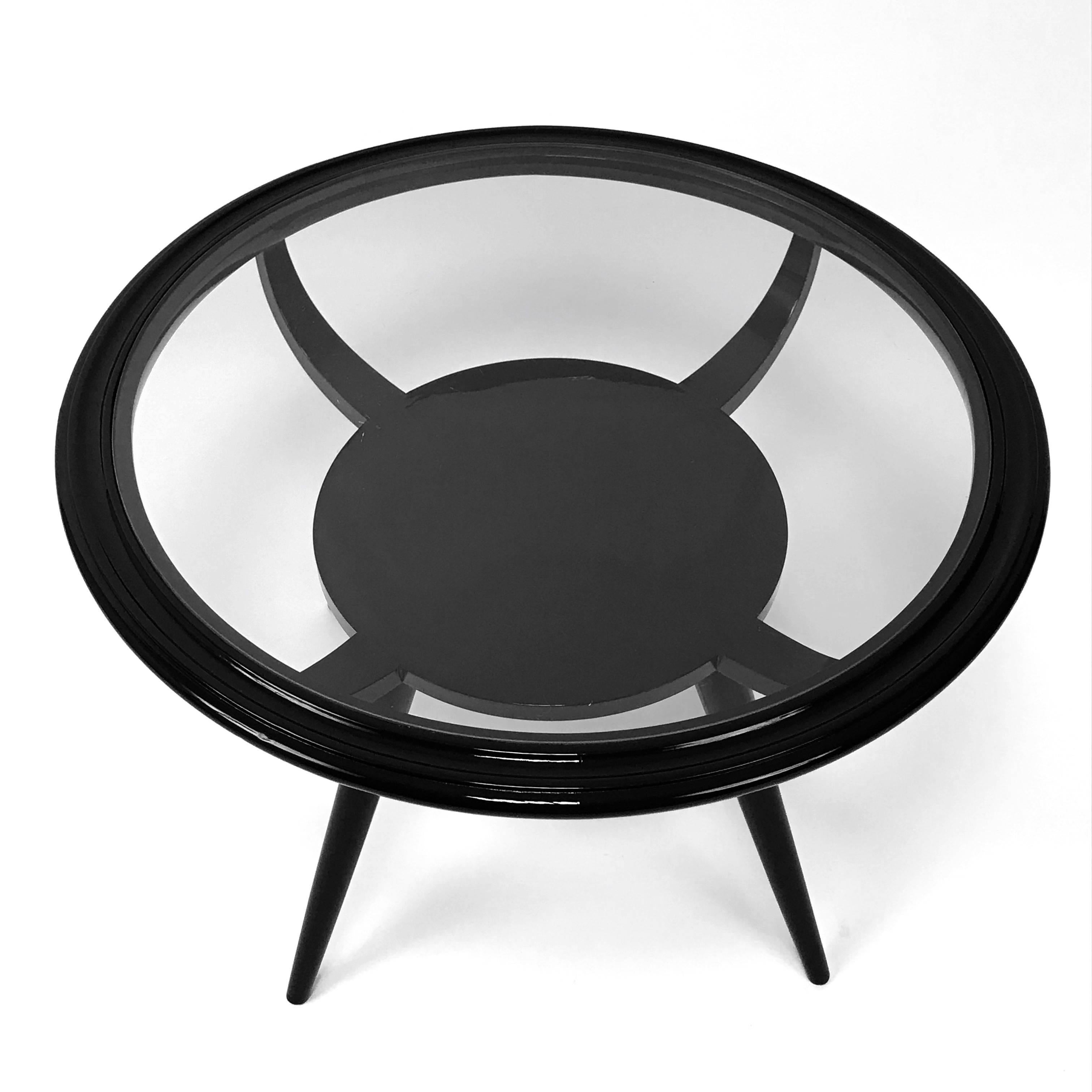 Coffee Table Italian Art Deco 1940s Round Glass Lacquered Wood, Ico Parisi Style 4