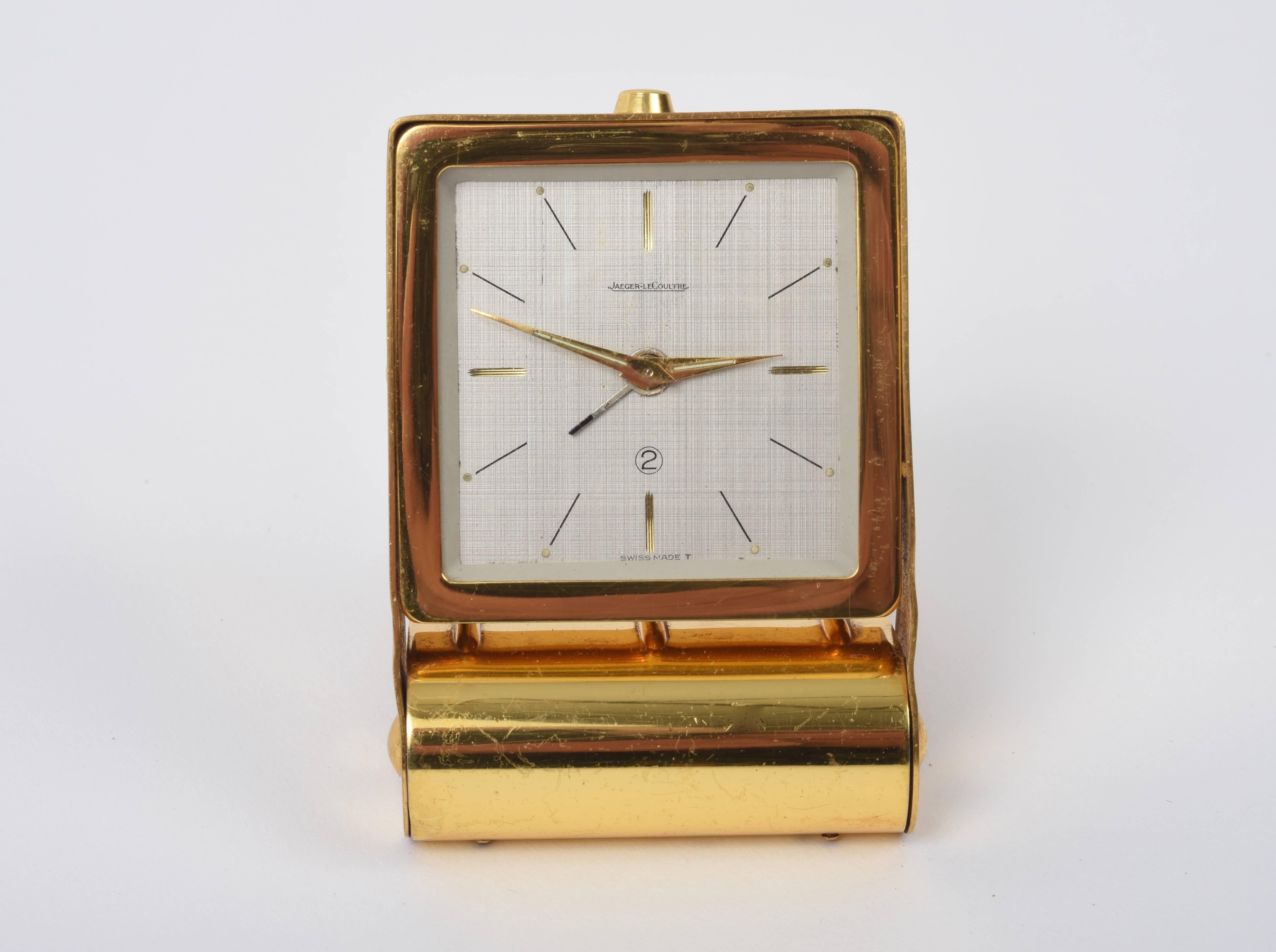 Mid-Century Modern Jaeger Le Coultre Travel Alarm, Table Clock Gold-Plated Metal, Switzerland