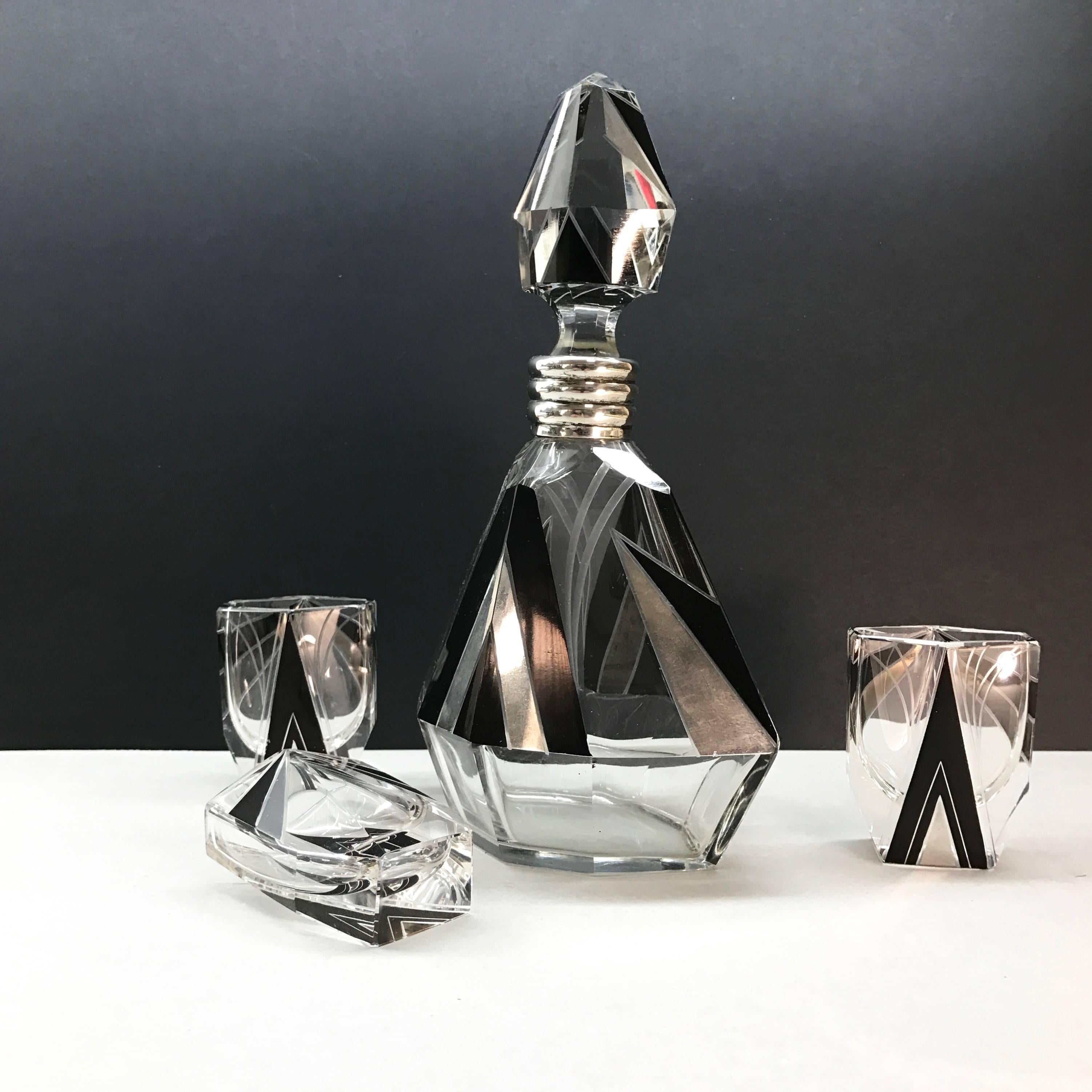 Art Deco Czech Decanter Crystal and Silver Set by Karl Palda, 1930s 1