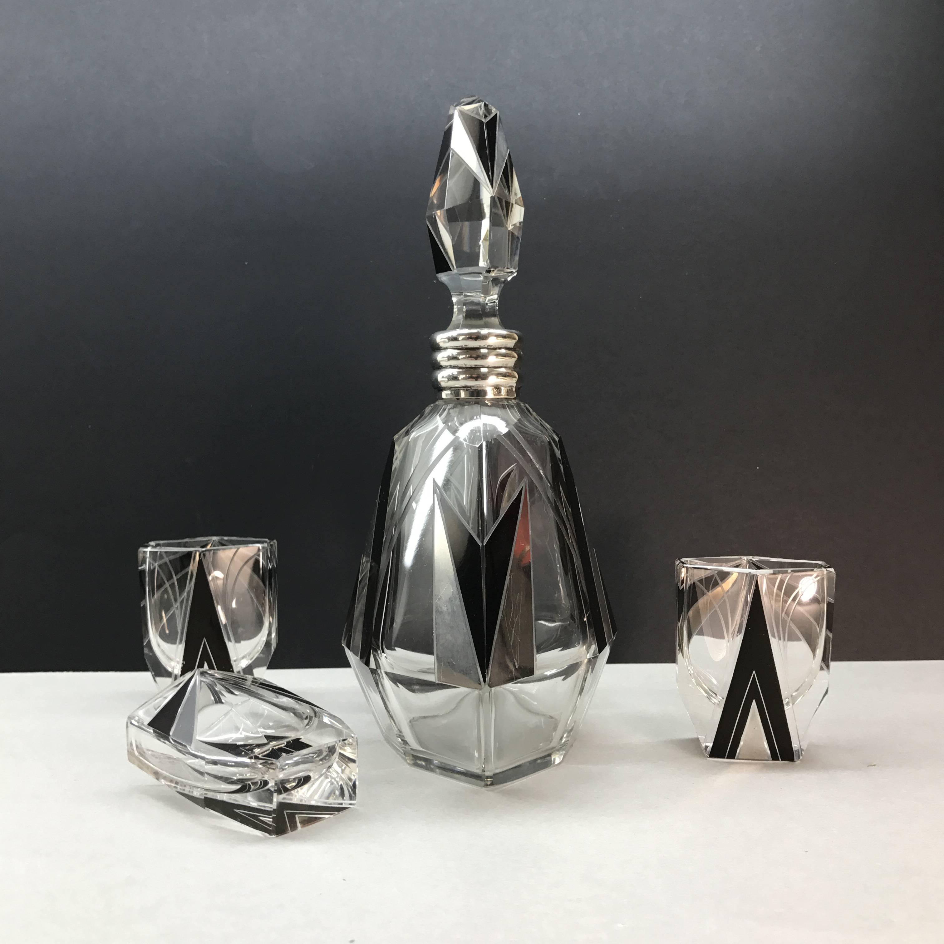 Art Deco Czech Decanter Crystal and Silver Set by Karl Palda, 1930s 2