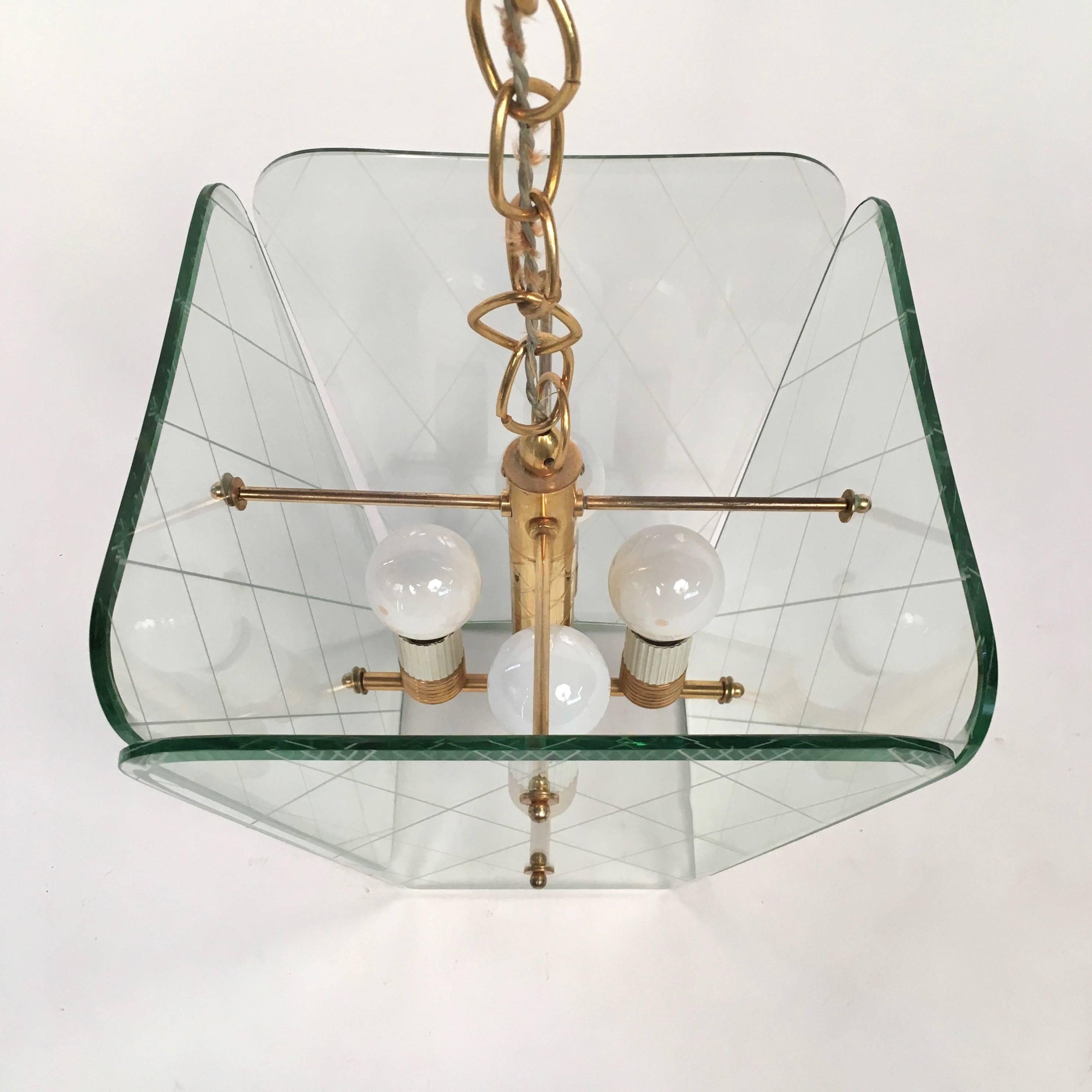 Mid-Century Modern Italian Brass and Etched Glass Chandelier by Pietro Chiesa for Fontana Arte