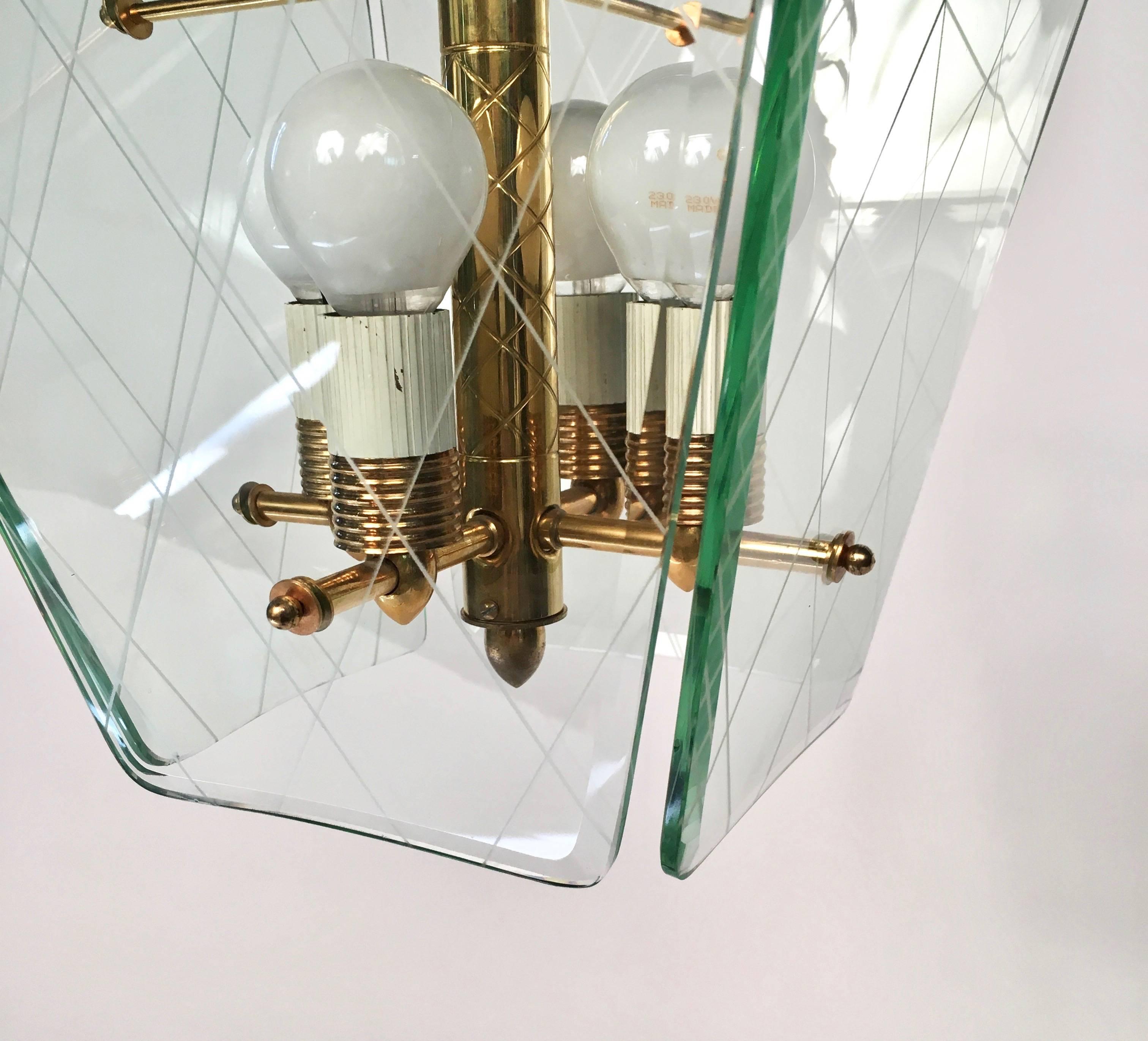 Mid-20th Century Italian Brass and Etched Glass Chandelier by Pietro Chiesa for Fontana Arte