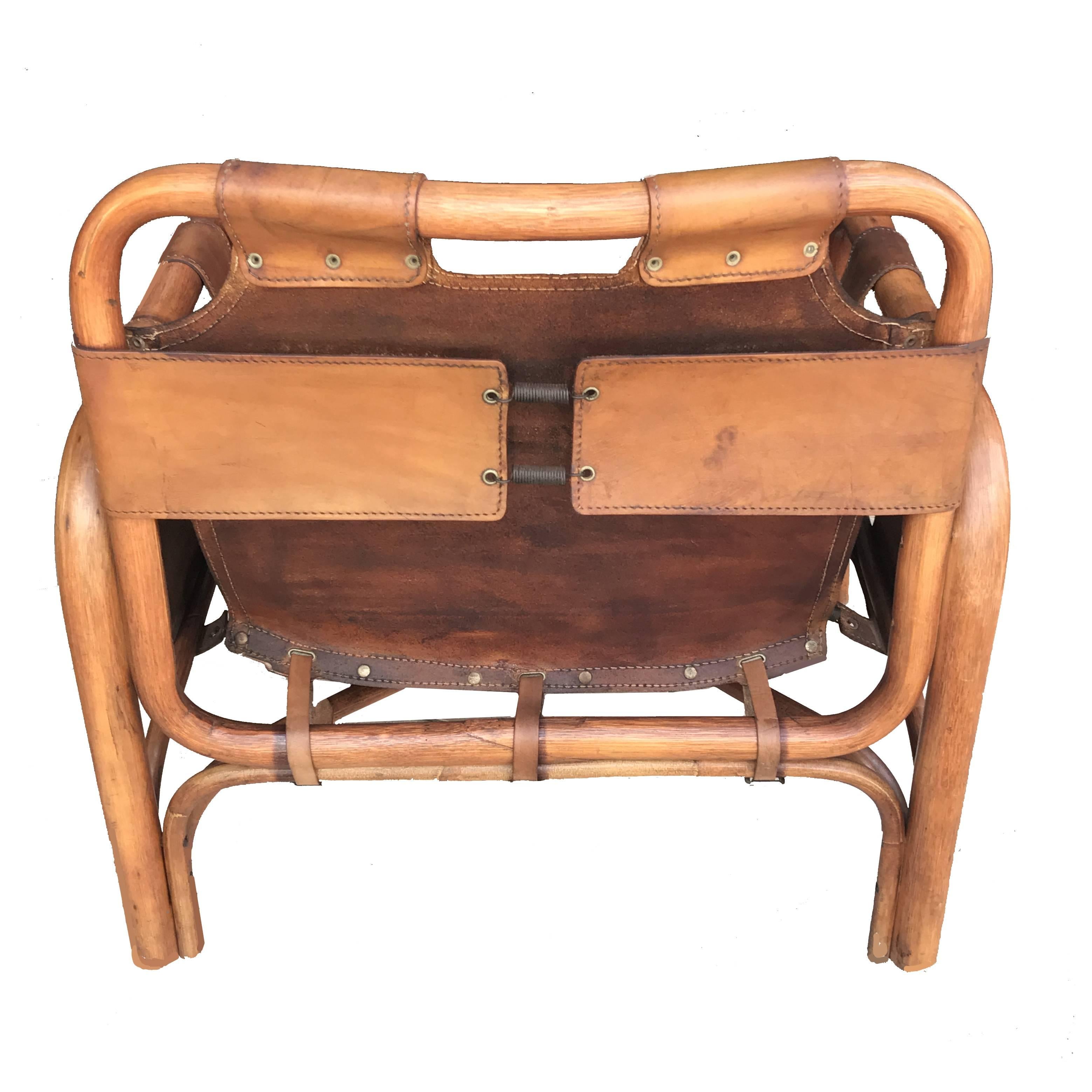 Late 20th Century Italian Mid-Century Modern Bamboo and Leather Lounge Chair by Bonacina