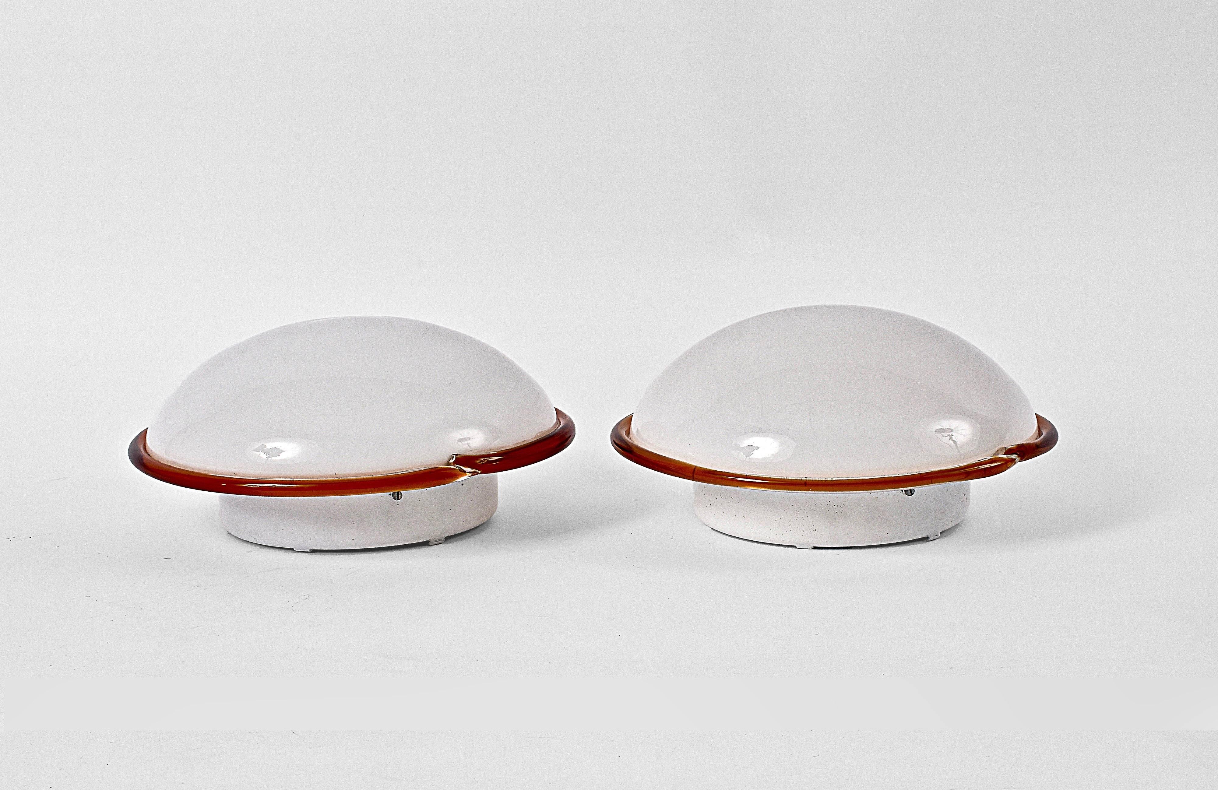 Mid-Century Modern Pair of Leucos Lamps for Ceiling or Wall in Murano Glass Italian Lighting, 1970s