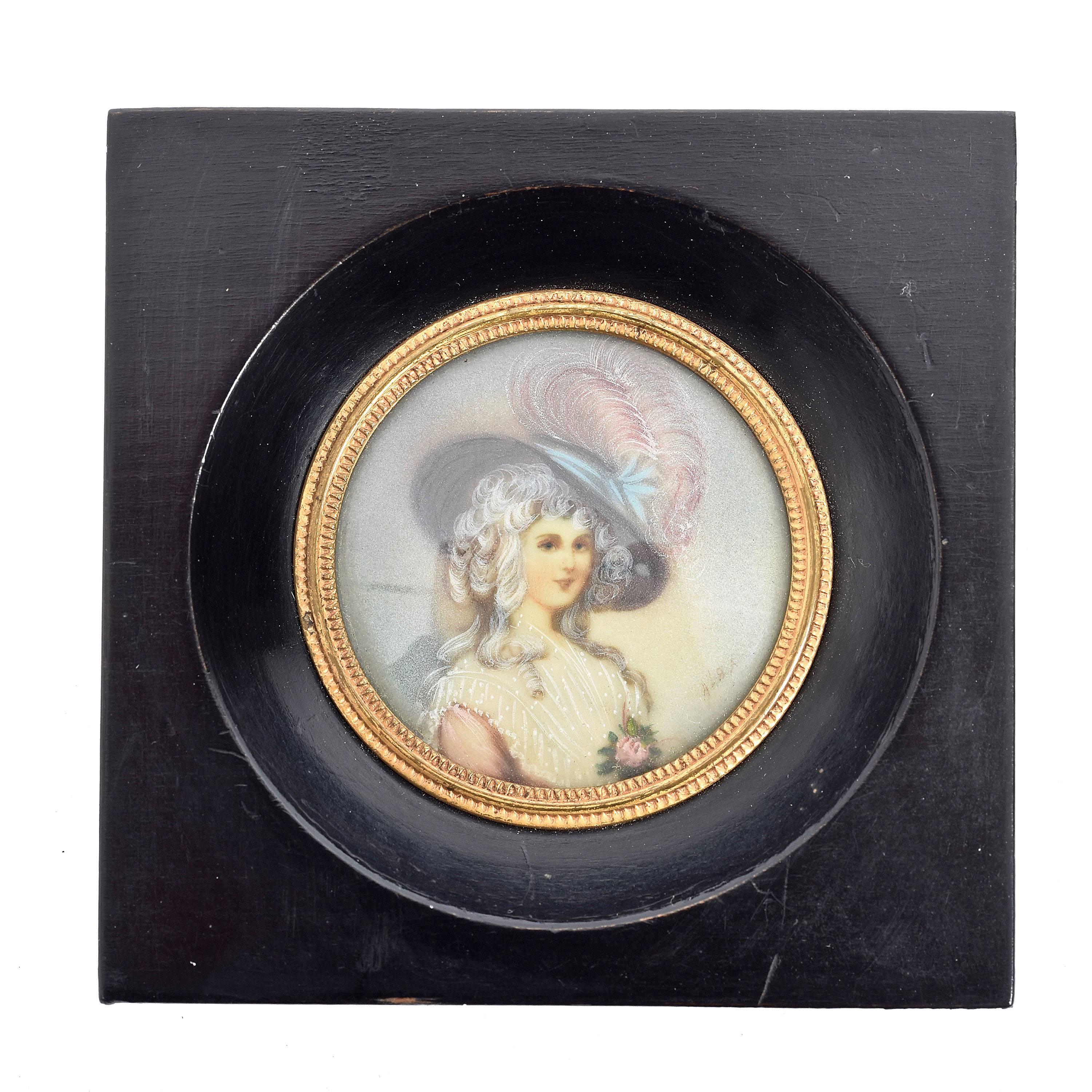 Three ancient miniatures signed of the 19th century, miniature paintings of noblewomen

Ebonized wooden frame measure 8 x 8 cm.