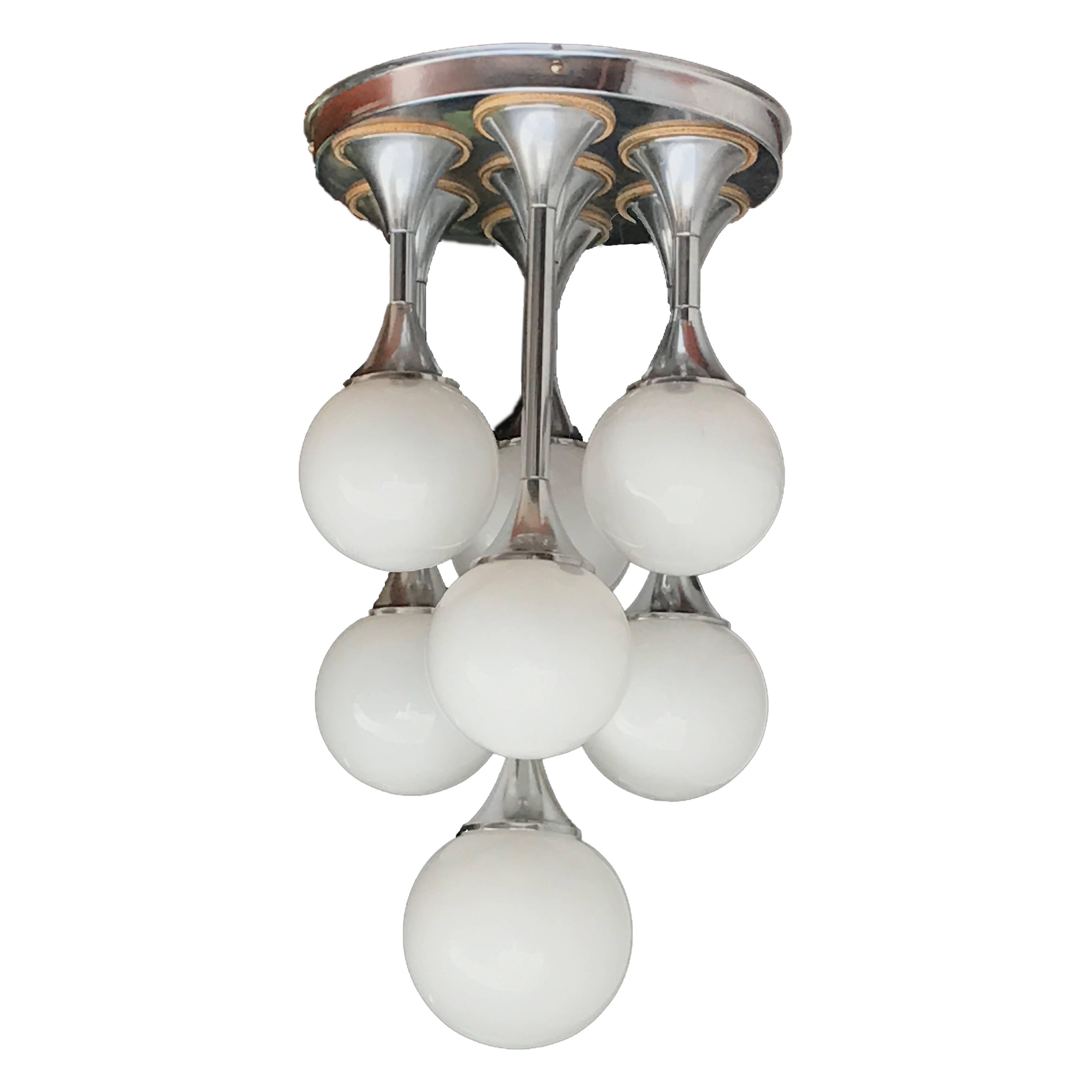 Space Age Seven Lights Chandelier Chrome and Glass Italian Lighting, 1970s