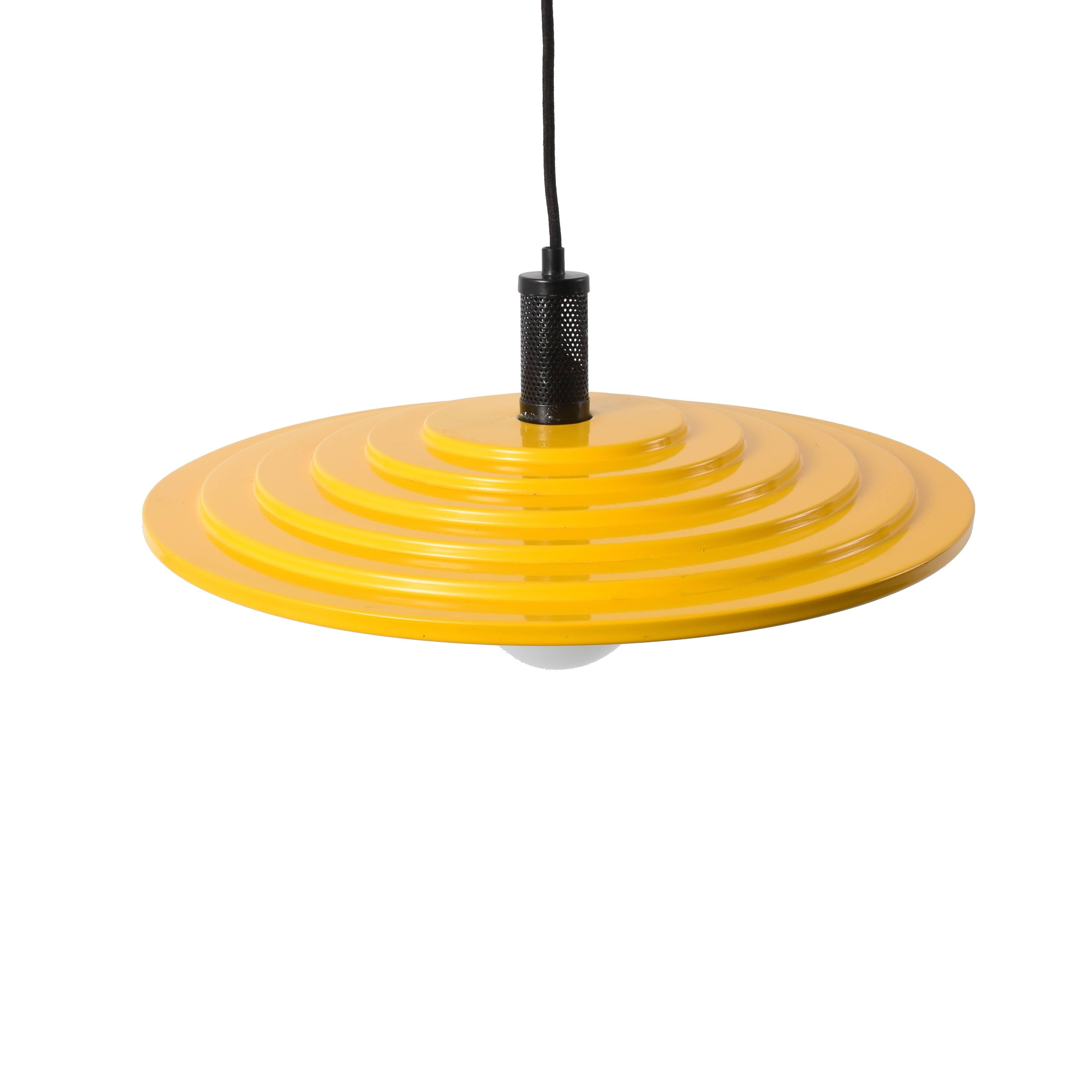 Mid-Century Modern Yellow Disc Chandelier, Enamelled Metal, Modern 1970s Italian Pendant, Lighting