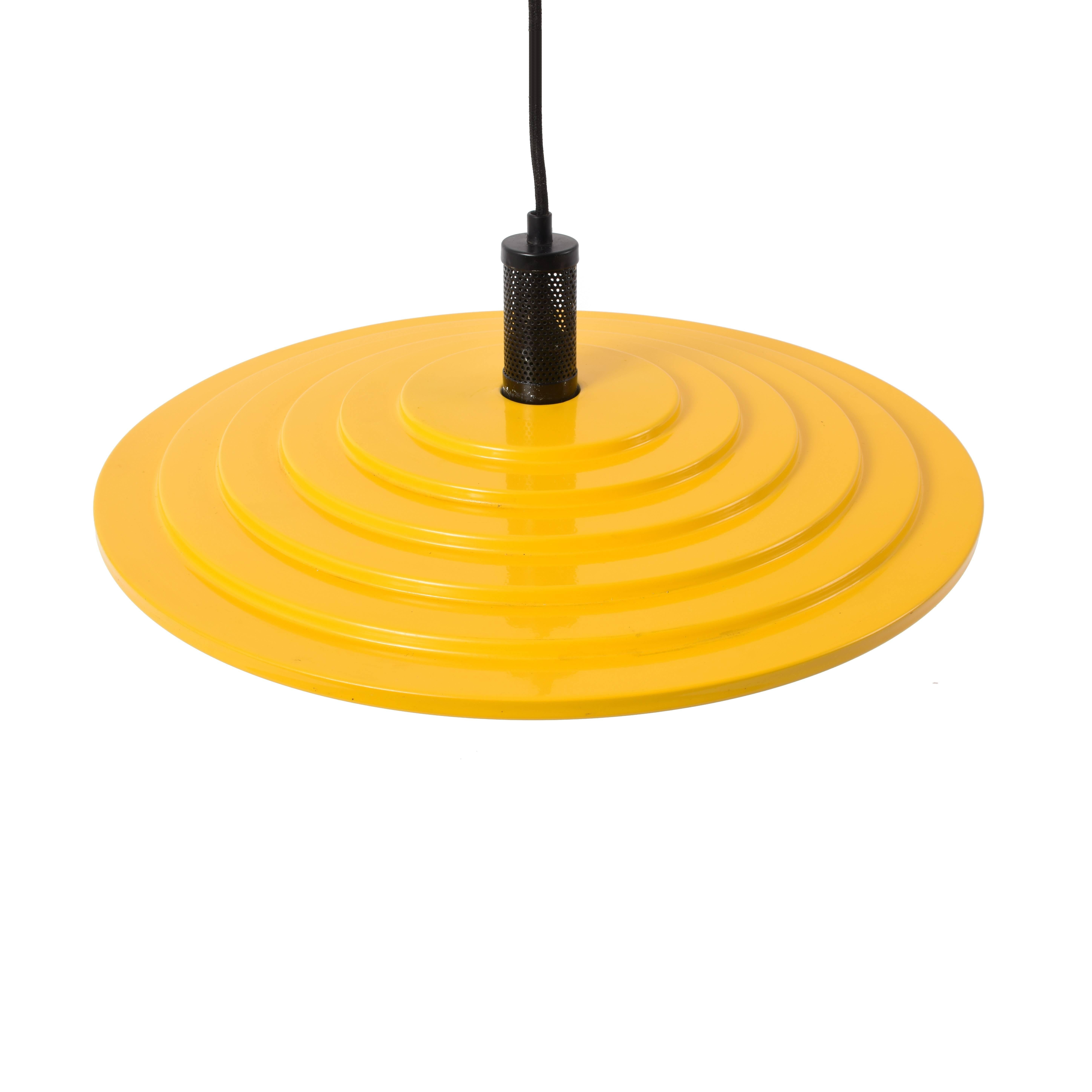 Enameled Yellow Disc Chandelier, Enamelled Metal, Modern 1970s Italian Pendant, Lighting