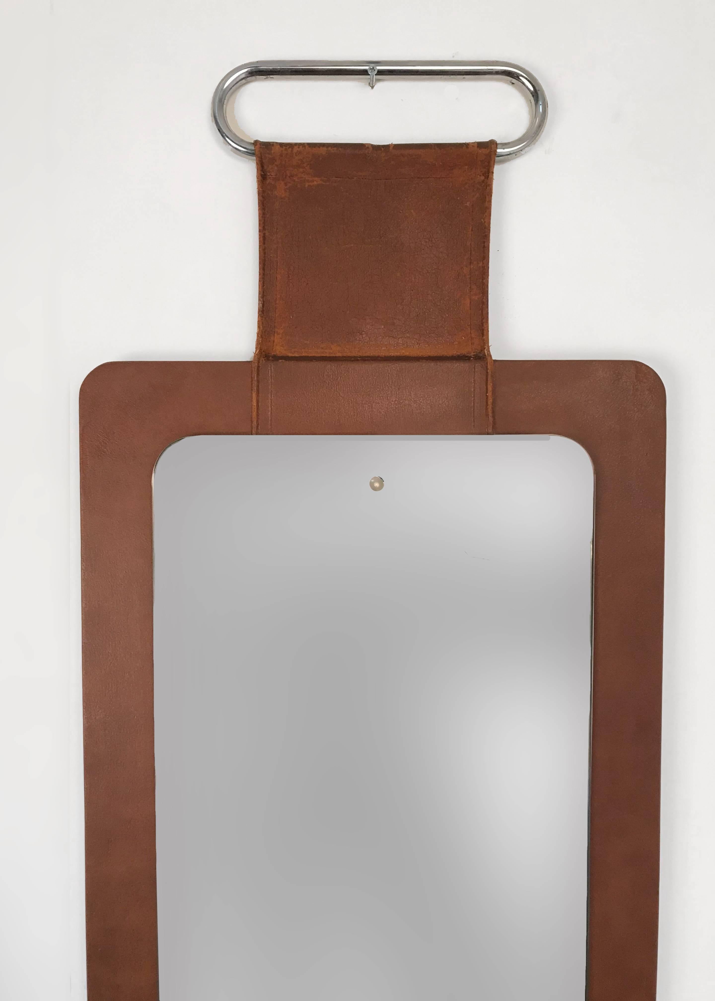French Wall Mirror, Leather and Wood, 1960s Wall Mirror in Style of Jacques Adnet