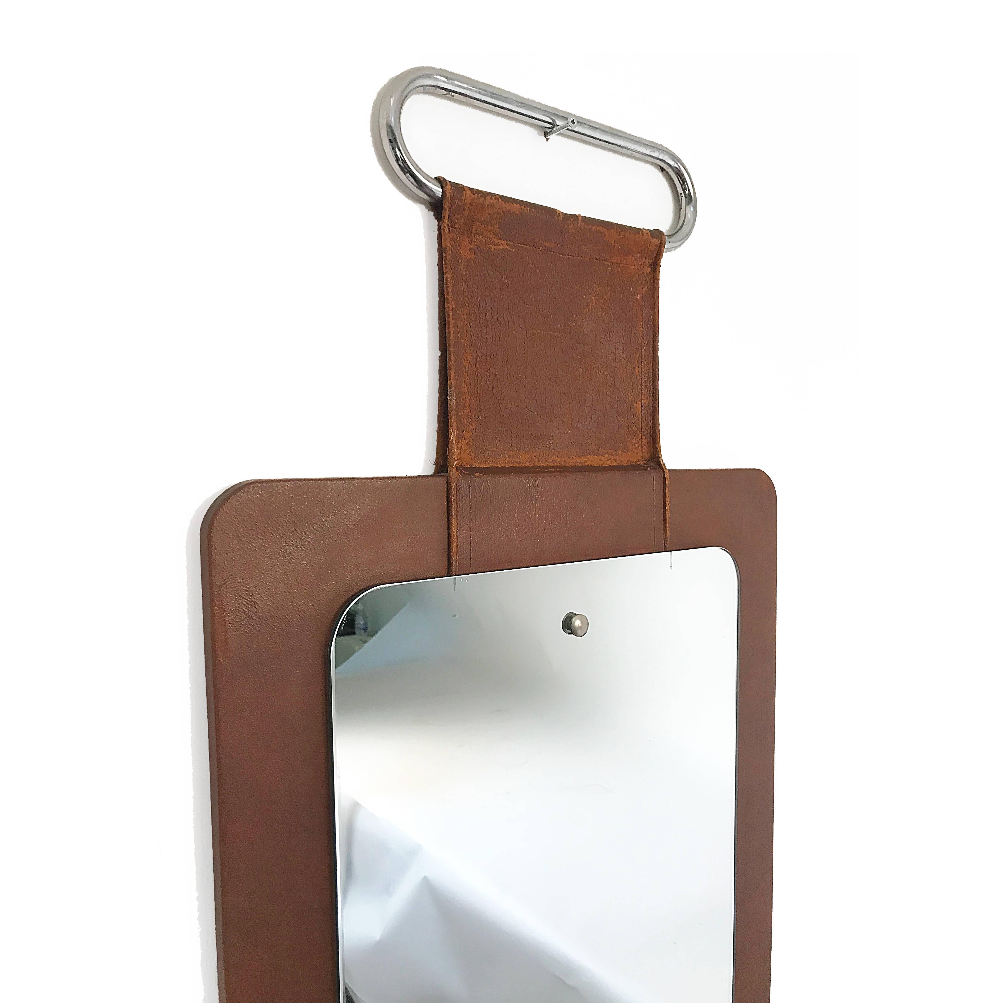 Mid-Century Modern Wall Mirror, Leather and Wood, 1960s Wall Mirror in Style of Jacques Adnet
