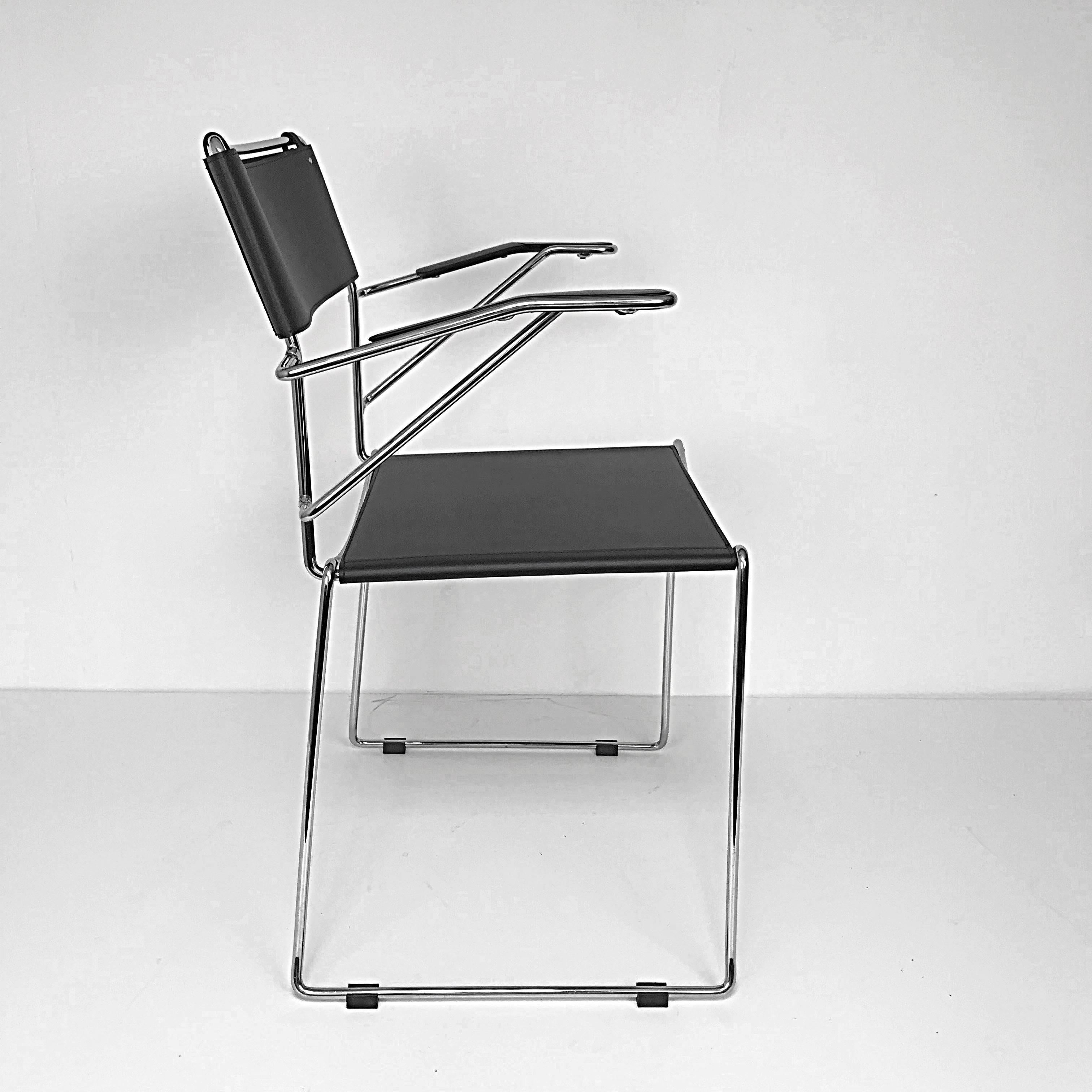 Mid-Century Modern Set of Six Chair with Armrests in Steel and Leather Stackable Italian by Belotti
