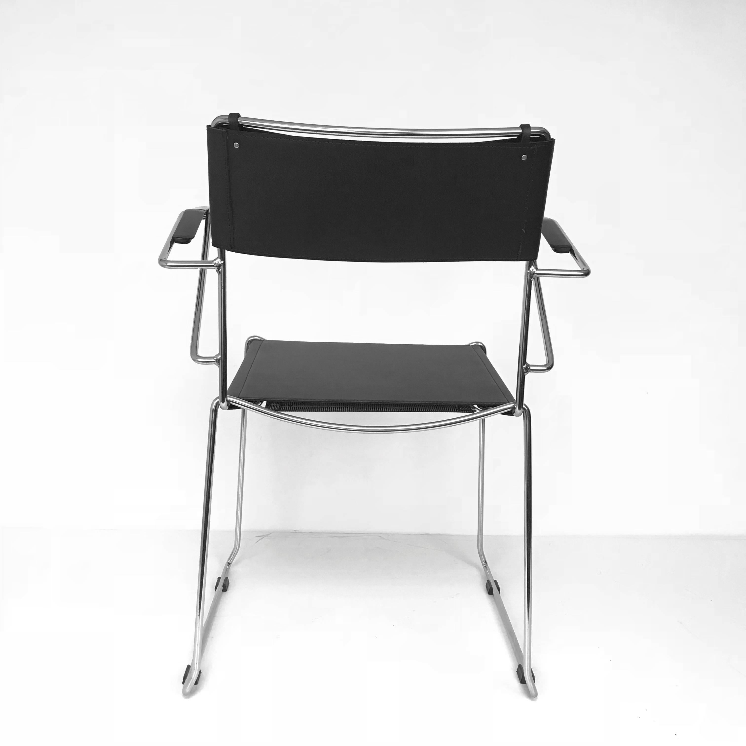 20th Century Set of Six Chair with Armrests in Steel and Leather Stackable Italian by Belotti