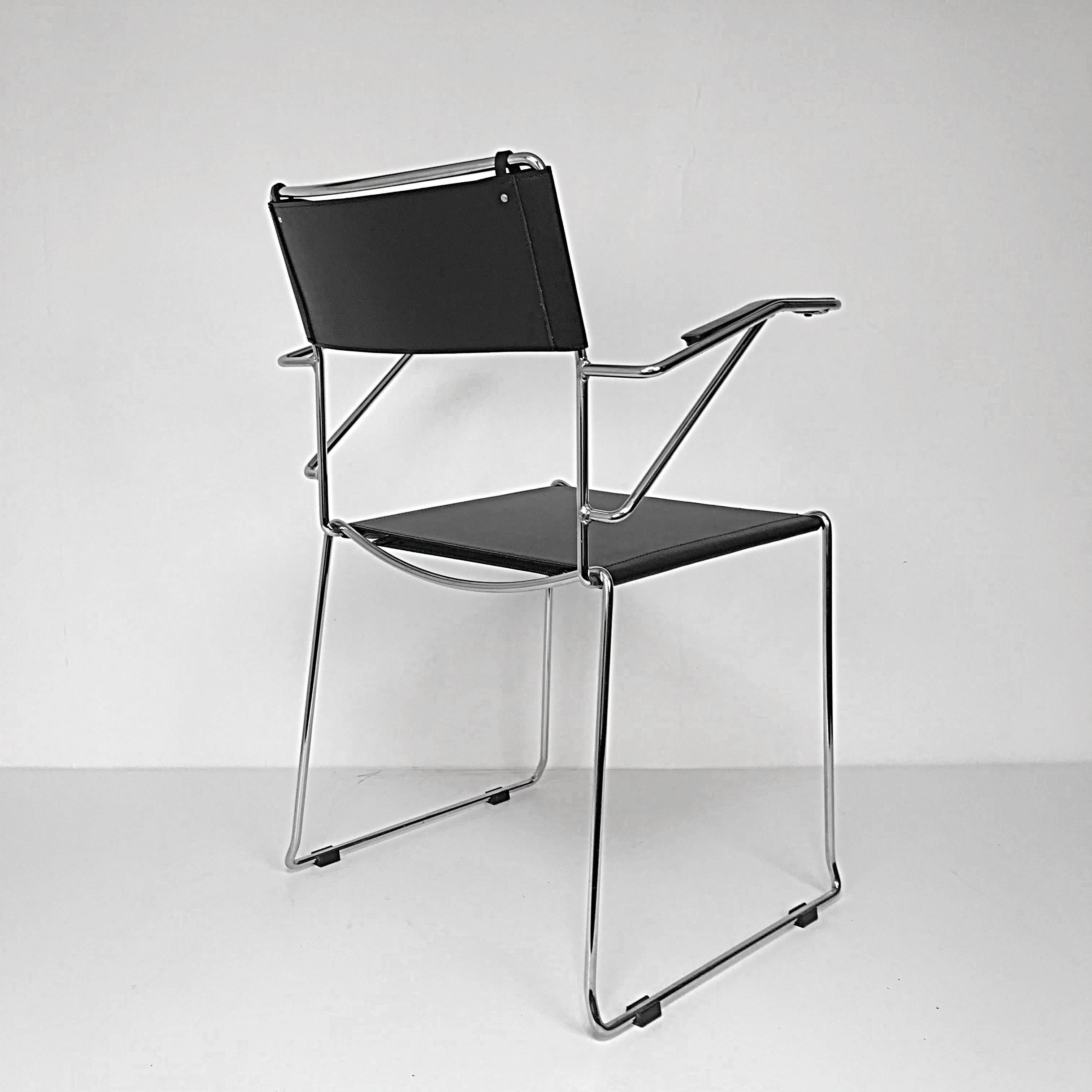 Set of Six Chair with Armrests in Steel and Leather Stackable Italian by Belotti In Good Condition In Roma, IT