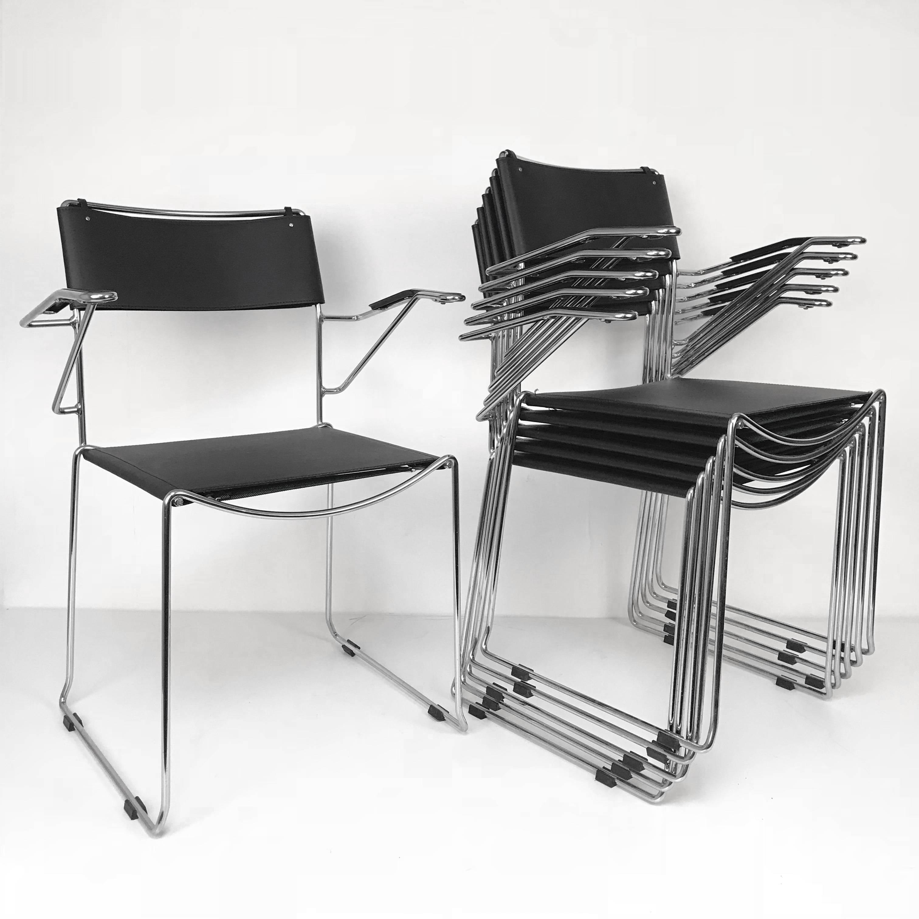 Set of Six Chair with Armrests in Steel and Leather Stackable Italian by Belotti 3