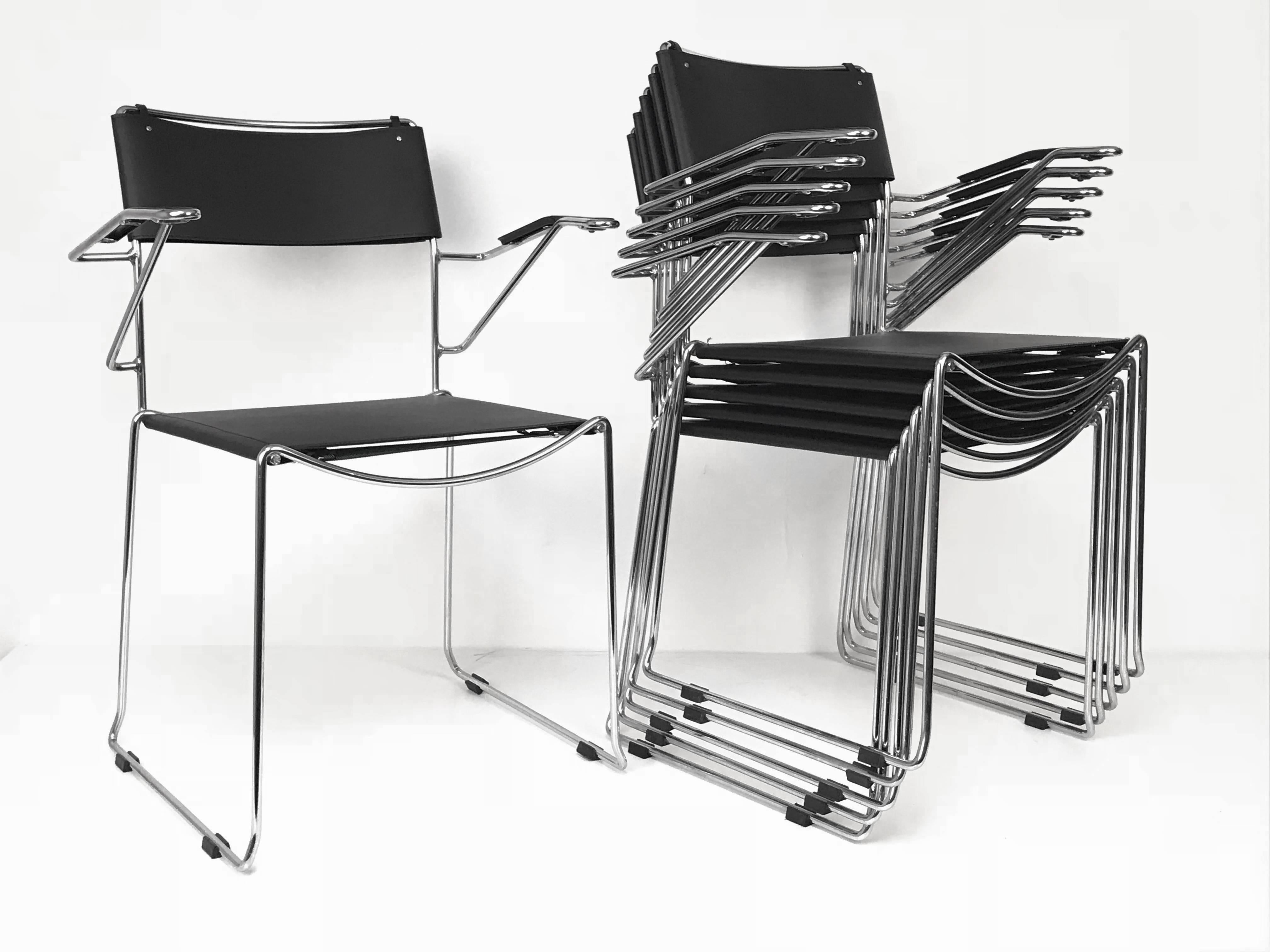 Giandomenico Belotti. Set of six steel and leather chairs. The seat and back in black leather have just been replaced. Very practical because stackable. 