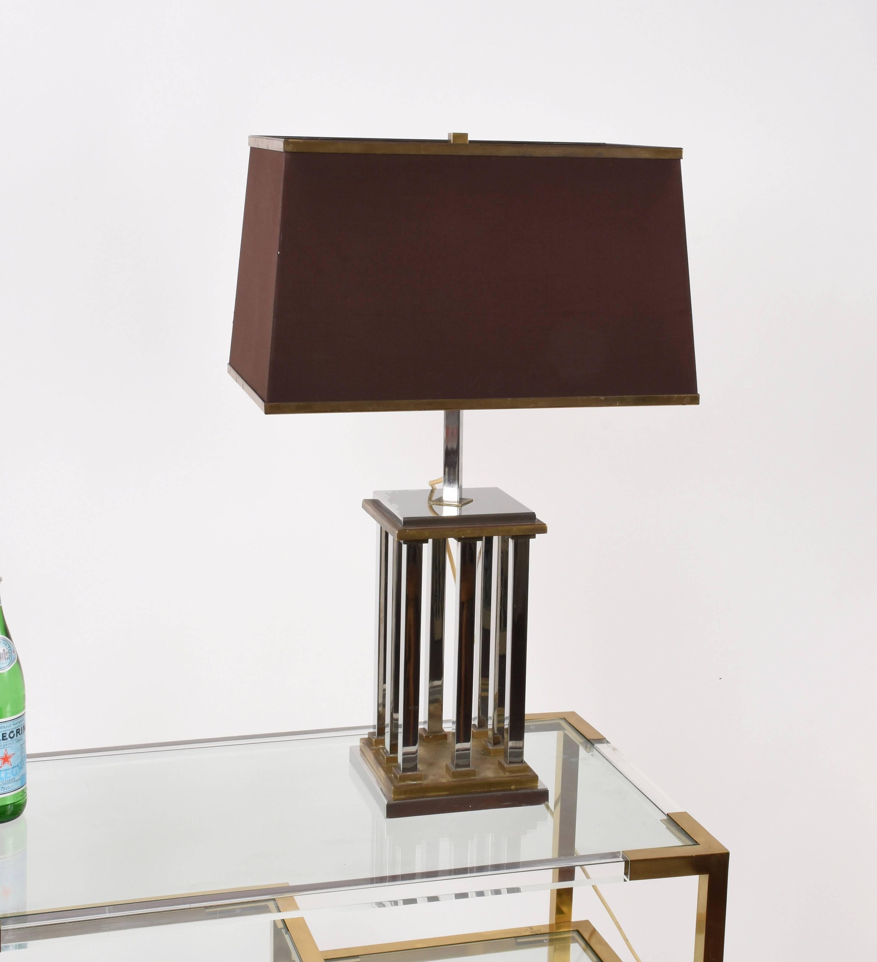 Mid-Century Modern 1970s Italian Chrome and Brass Lamp by Romeo Rega, Vintage Table Lamp, Italy