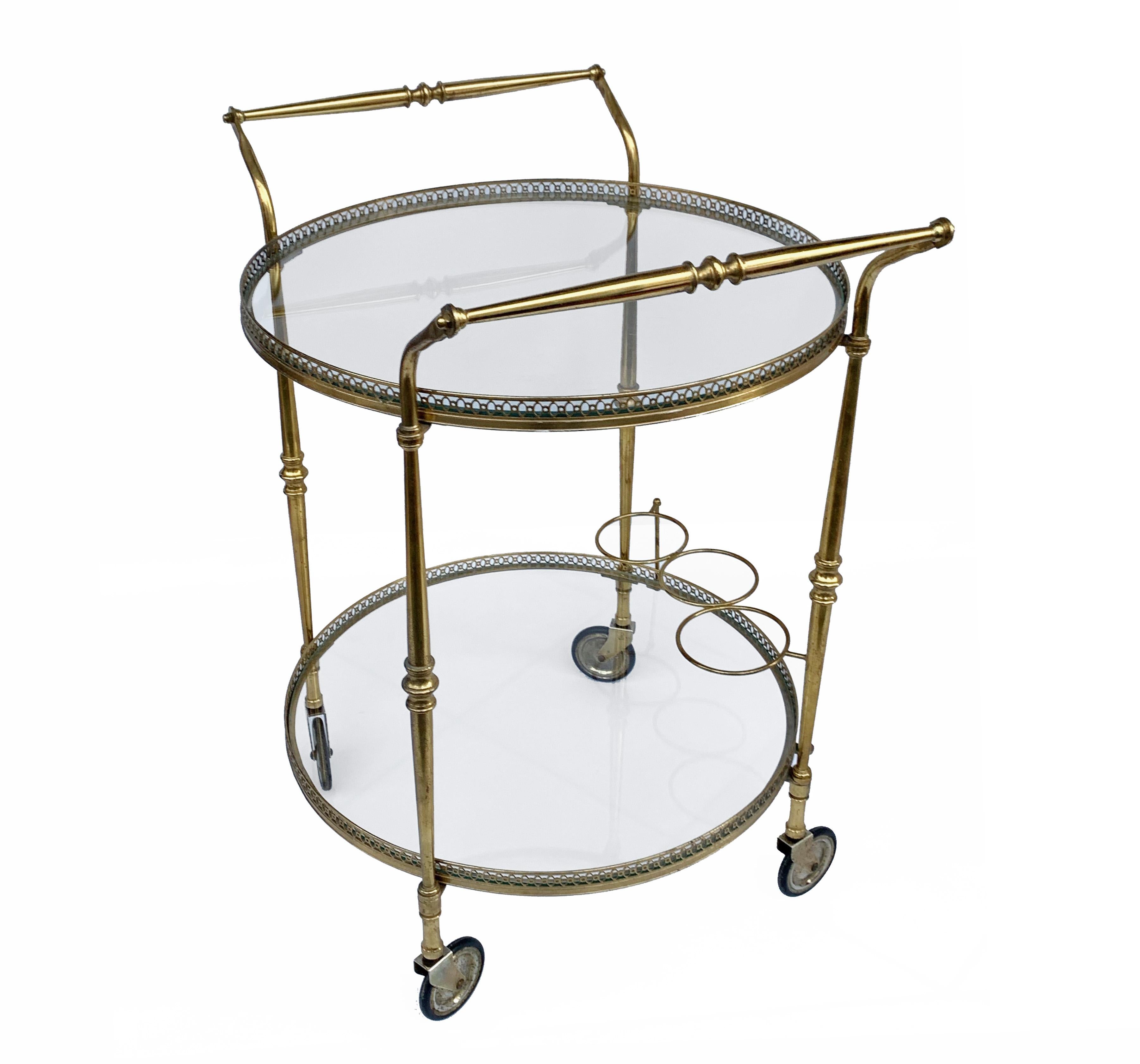Glass Round Bar Trolley of Maison Baguès, Bar Cart with Bottle Holder, France, 1950s For Sale