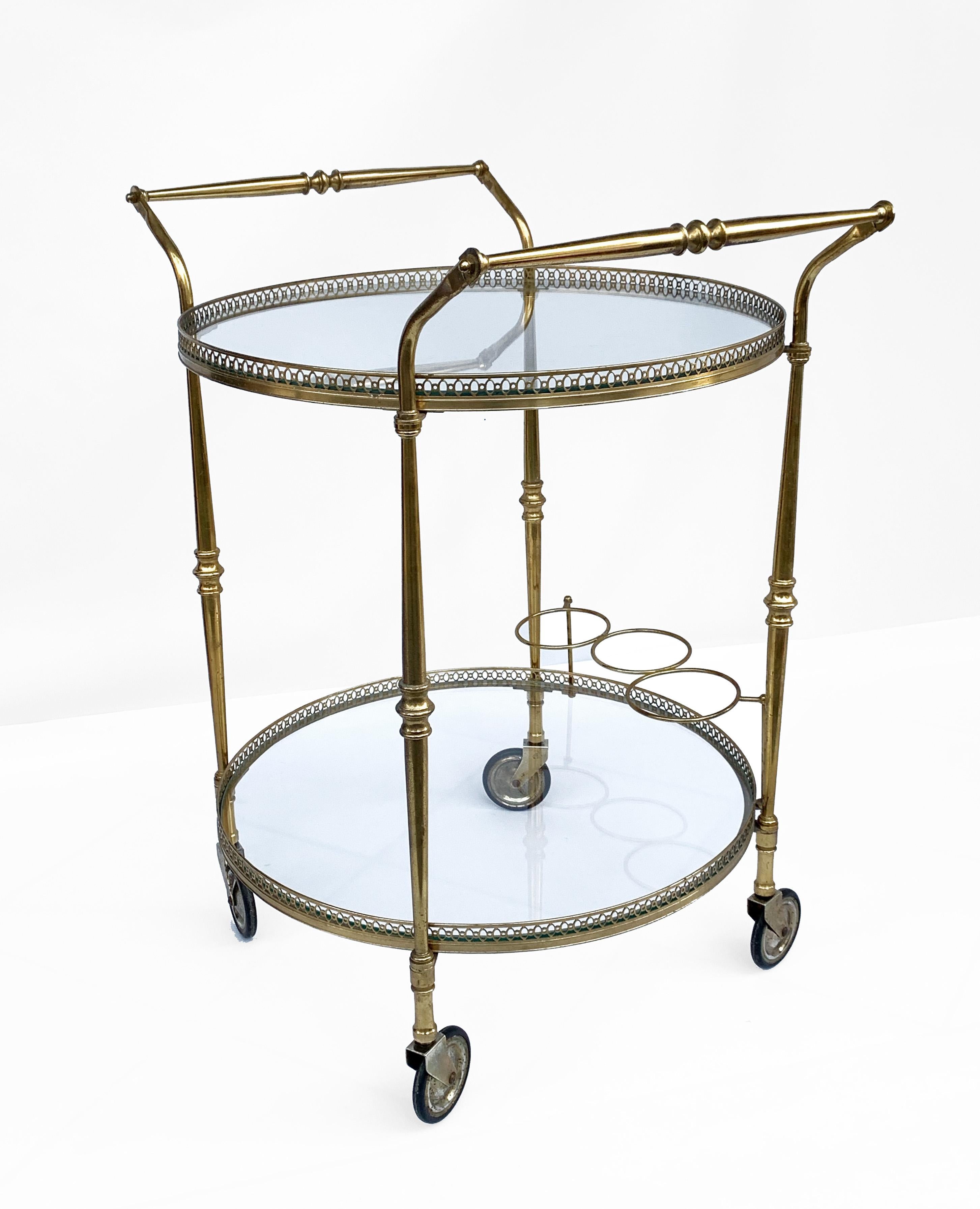 Mid-20th Century Round Bar Trolley of Maison Baguès, Bar Cart with Bottle Holder, France, 1950s For Sale