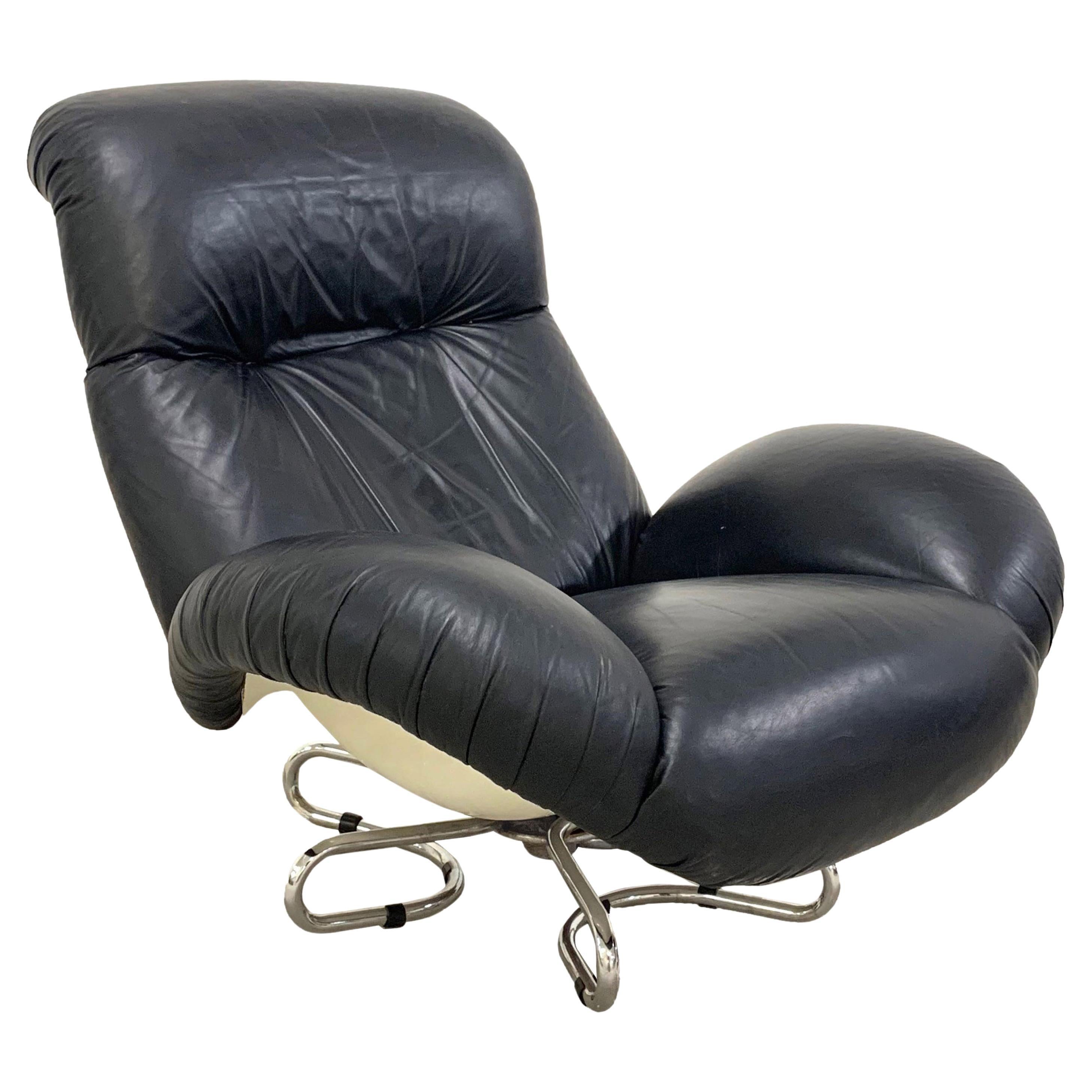 Gecchelin Fiberglass Leather Black Italian Swivel Armchair for Busnelli, 1970s