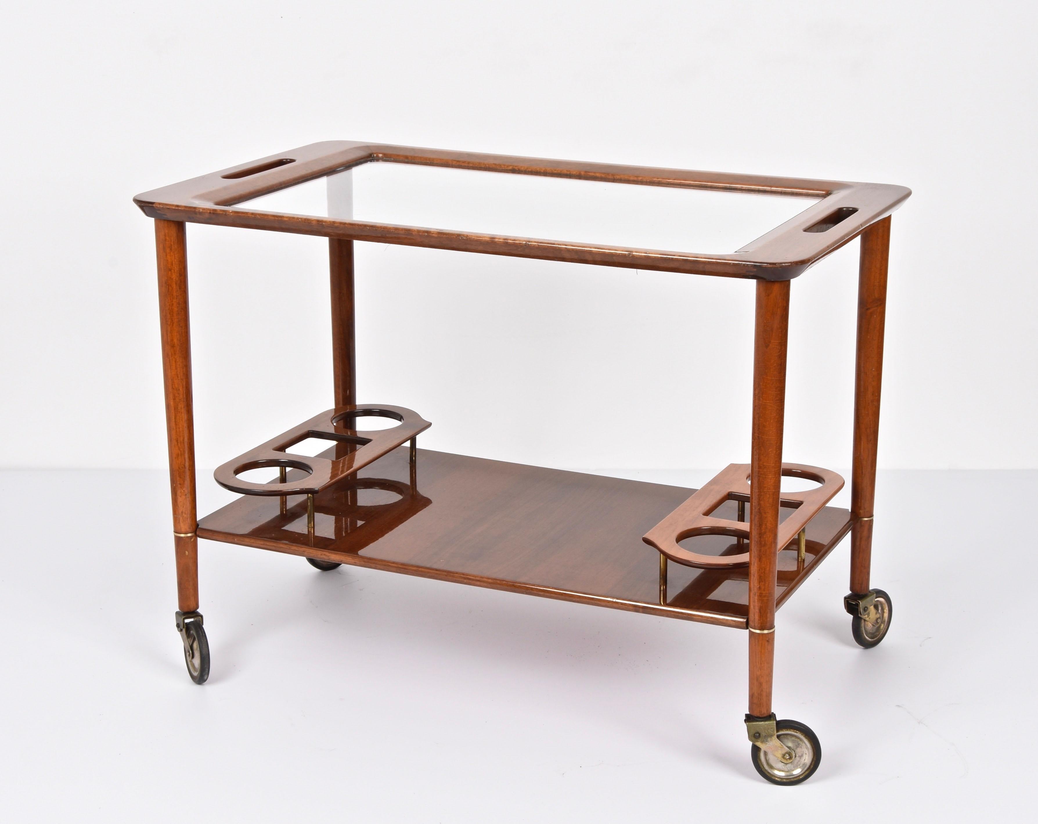 Midcentury Cesare Lacca White Walnut Wood Italian Bar Cart, 1950s In Excellent Condition For Sale In Roma, IT