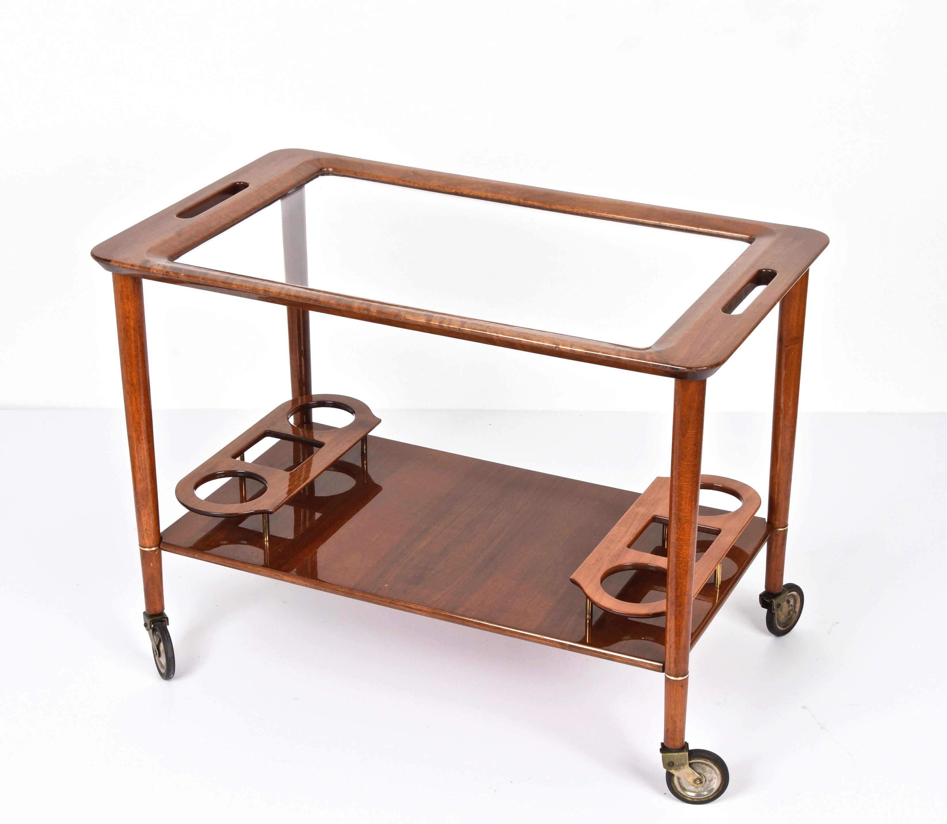 Mid-Century Modern Midcentury Cesare Lacca White Walnut Wood Italian Bar Cart, 1950s For Sale