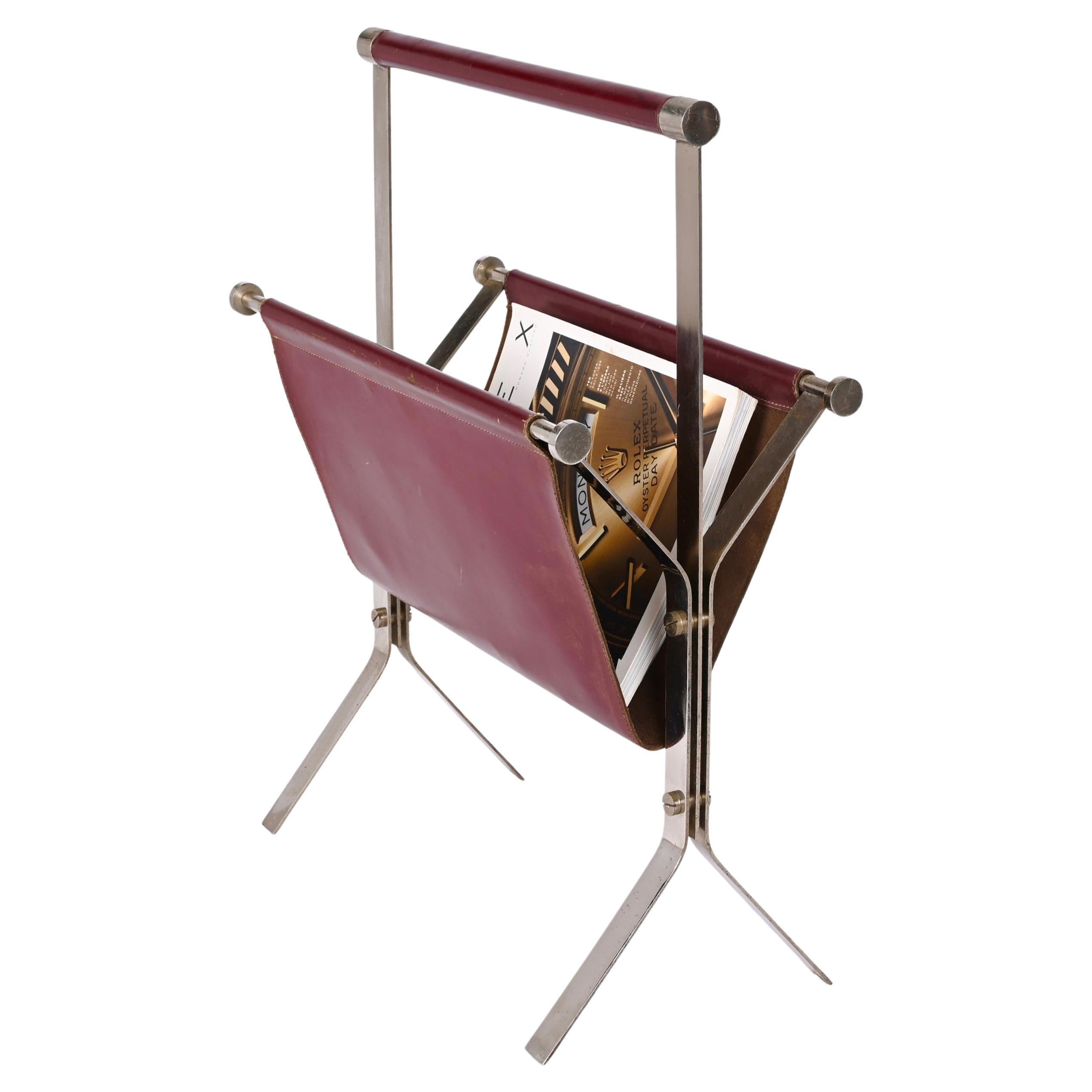 Alessandro Albrizzi Midcentury Chromed Steel and Red Leather Magazine Rack 1970s For Sale
