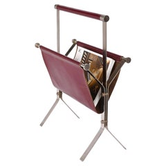 Vintage Alessandro Albrizzi Midcentury Chromed Steel and Red Leather Magazine Rack 1970s