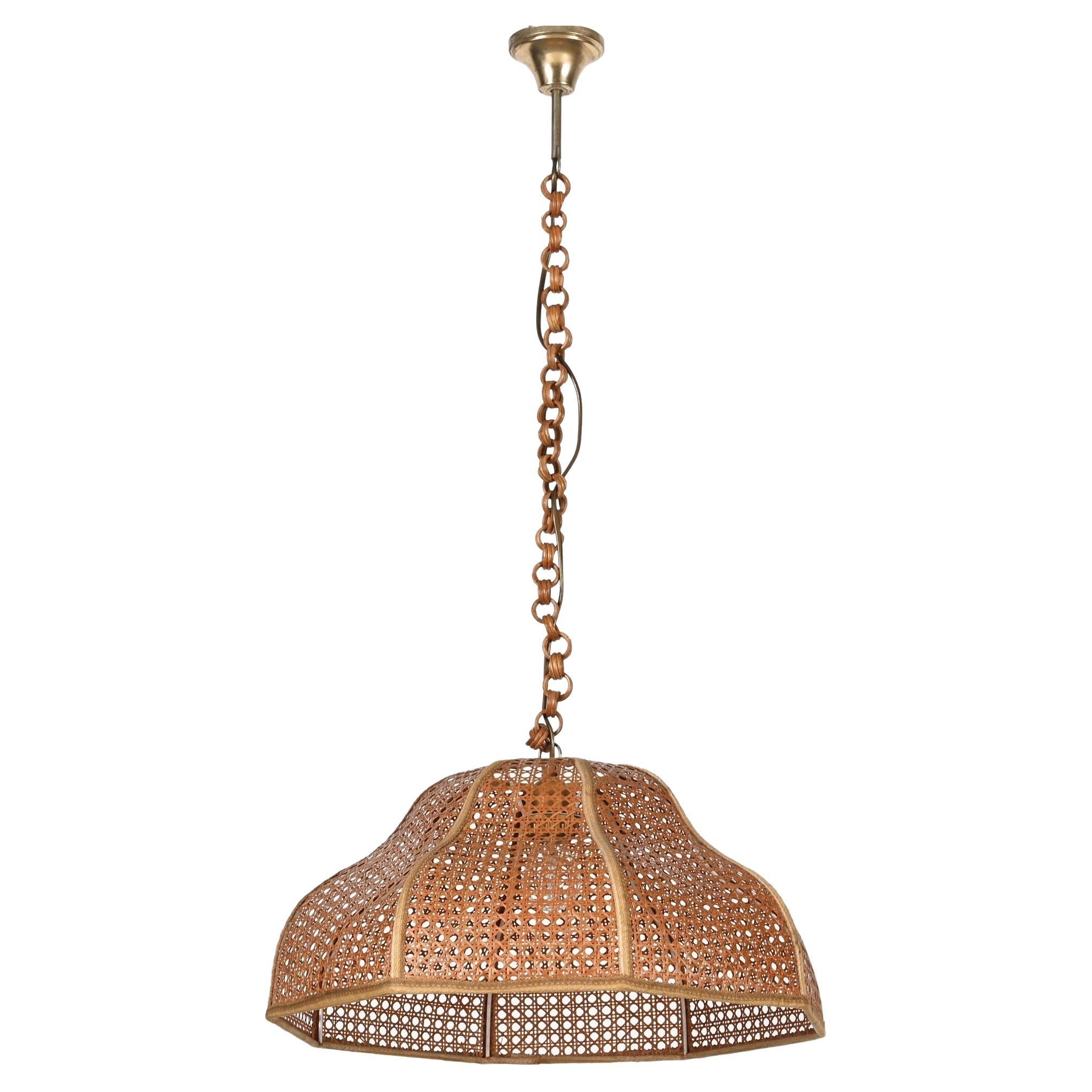 Large Italian Modernist Wicker Bamboo Bell Pendant Chandelier, 1960s