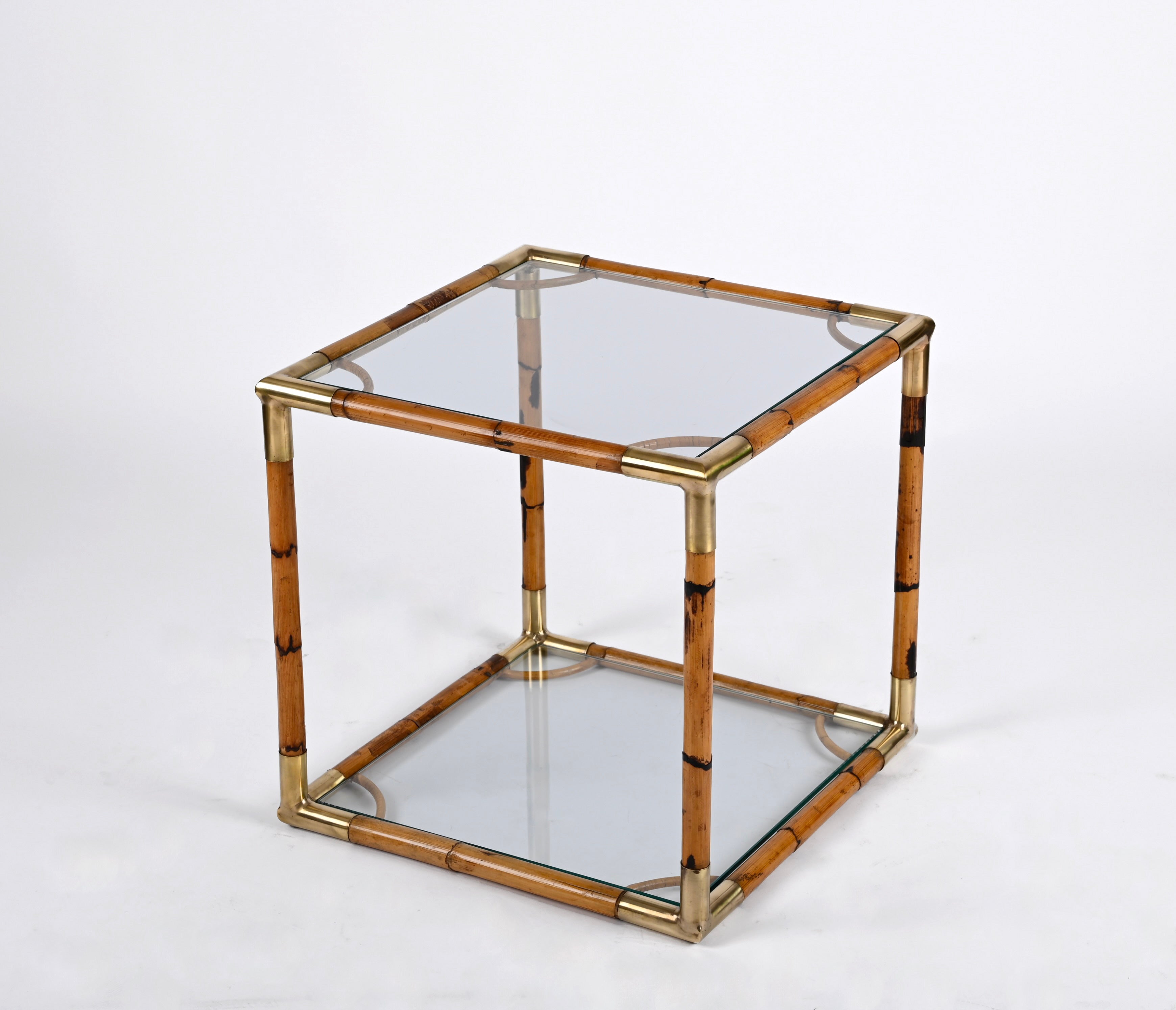 Midcentury Bamboo, Brass and Crystal Glass Cubic Italian Coffee Table, 1960s