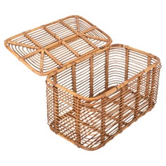 Midcentury French Riviera Bamboo and Rattan Rectangular Italian Basket, 1960s