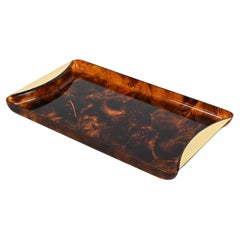 Midcentury Tortoiseshell Lucite and Brass Serving Tray, Guzzini, Italy 1970s