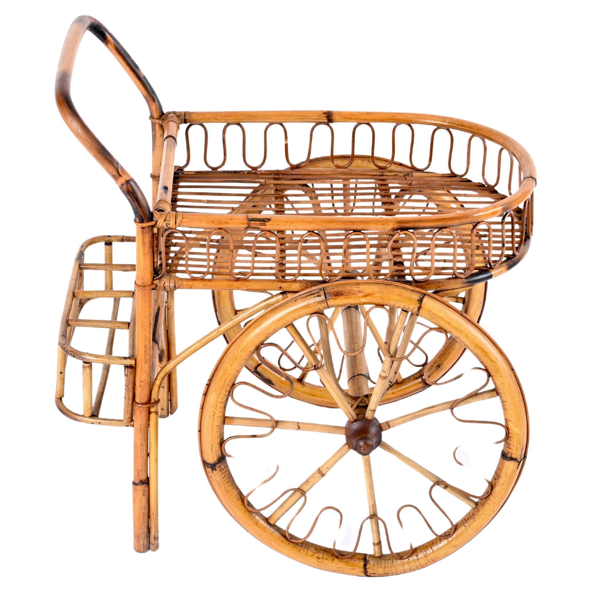 French Riviera Mid-Century Bar Cart in Rattan, Bamboo and Wicker, France 1950s For Sale 3