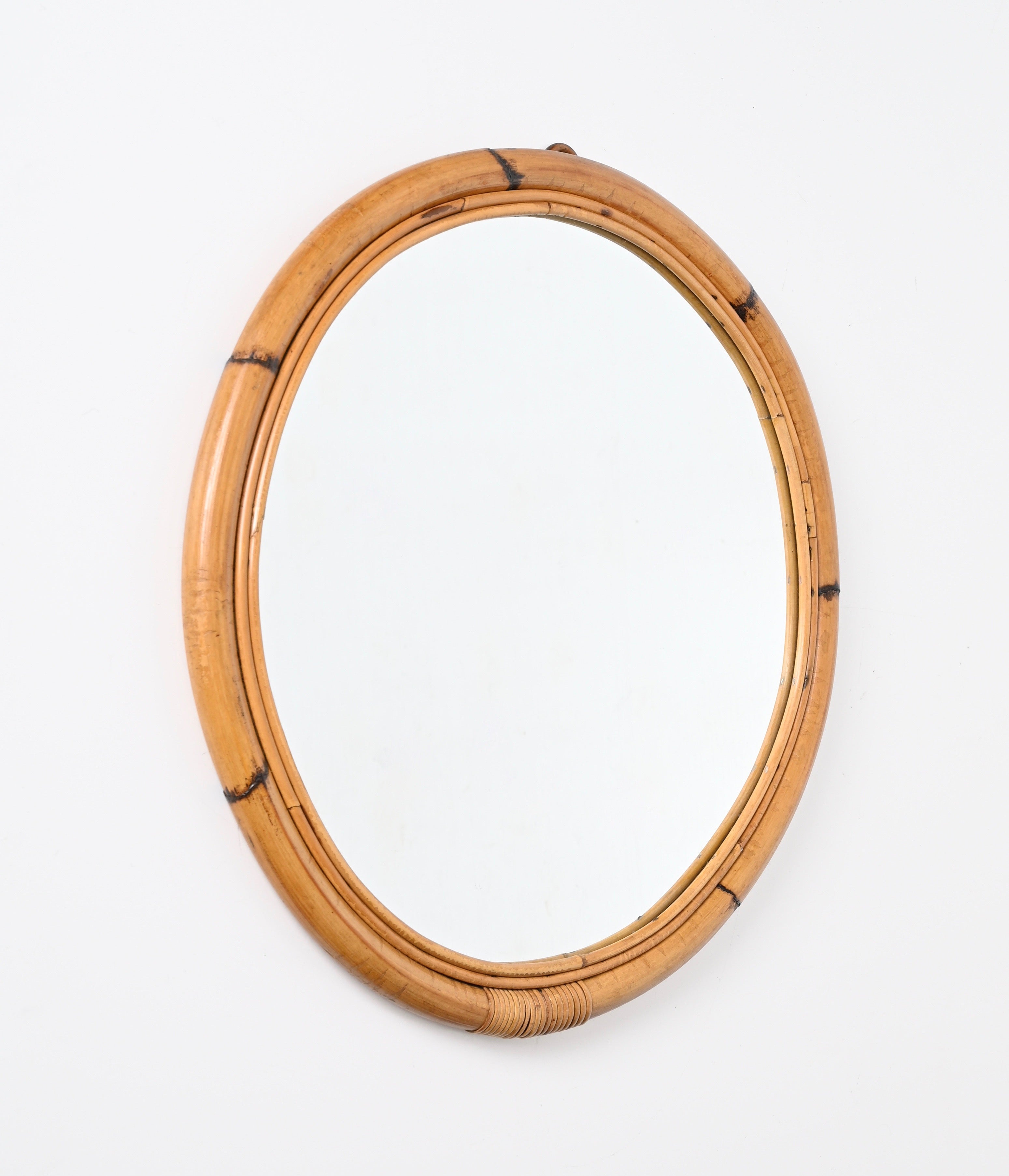 French  Riviera Round Mirror with Double Bamboo and Wicker Frame, Italy 1970s For Sale