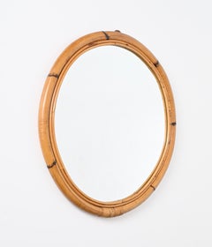 French  Riviera Round Mirror with Double Bamboo and Wicker Frame, Italy 1970s