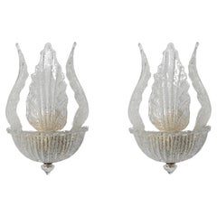 Pair of Triple Leaf Murano Glass and Brass Sconces by Barovier, Italy 1960s