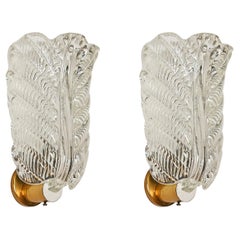 Barovier Pair of Leaf Sconces in Murano Glass and Brass, Italy 1950s