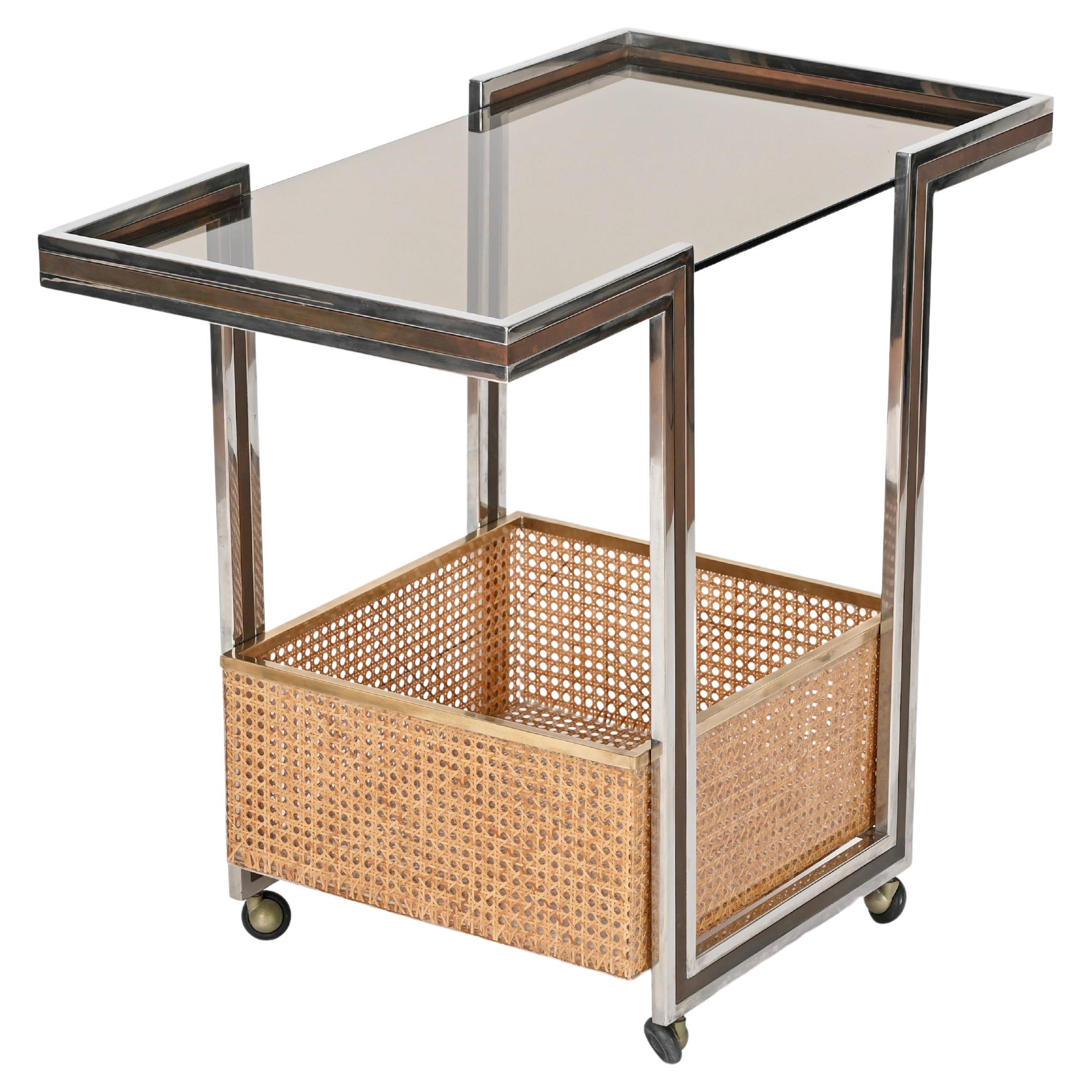 Willy Rizzo Serving Bar Cart in Chrome, Brass, Lucite and Straw, Italy 1970s