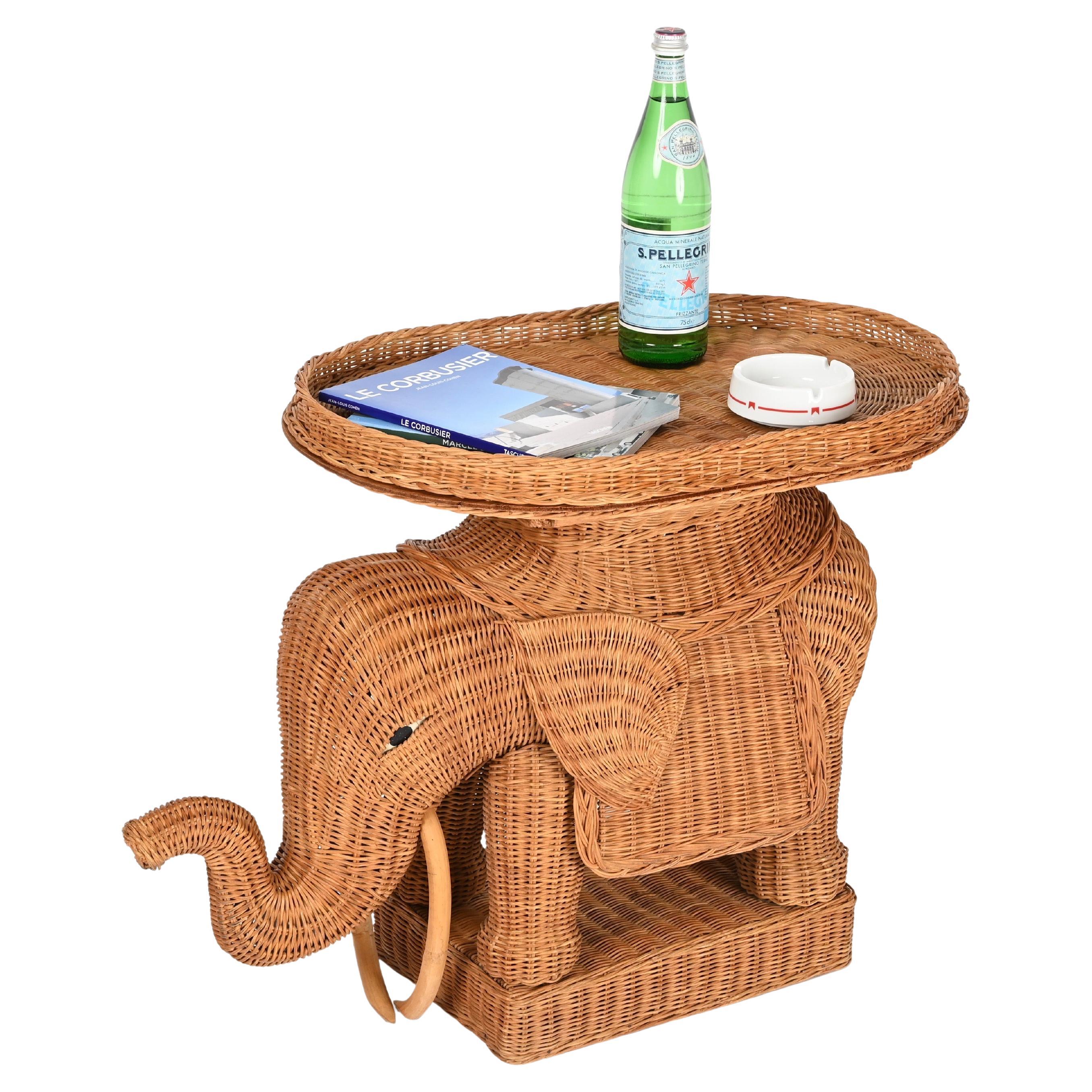 Large Rattan and Wicker Elephant Side Table by Vivai del Sud, Italy 1970s For Sale