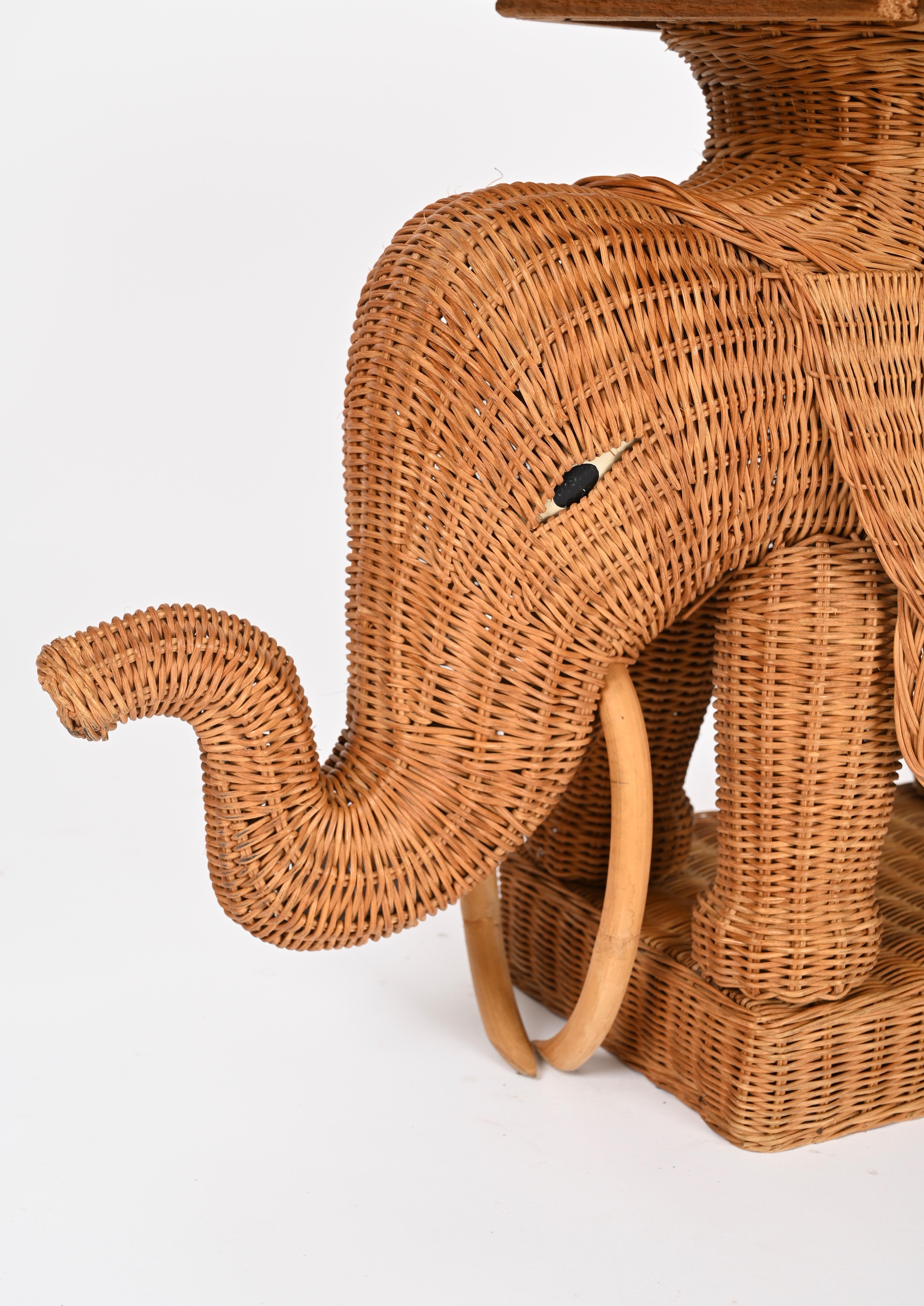 Italian Large Rattan and Wicker Elephant Side Table by Vivai del Sud, Italy 1970s For Sale