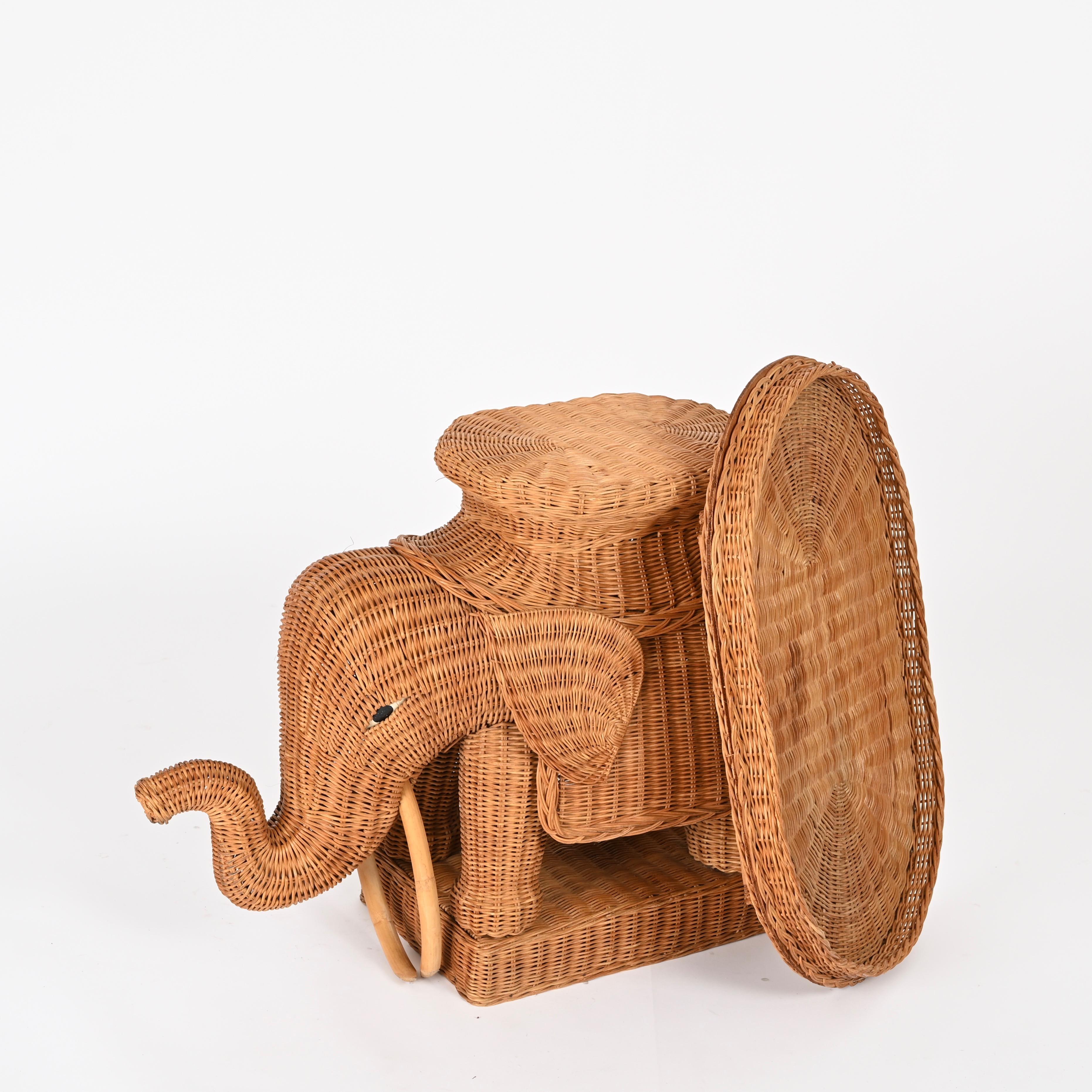 Large Rattan and Wicker Elephant Side Table by Vivai del Sud, Italy 1970s For Sale 1
