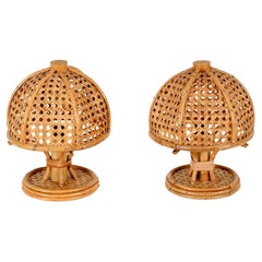 Pair of Round Table Lamps in Bamboo, Rattan and Vienna Straw, Sognot, Italy 1960