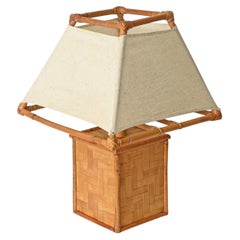 Louis Sognot Large Table Lamp in Rattan, Wicker and Fabric, France, 1960s