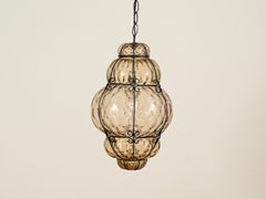 Seguso Large Mouth-Blown Murano Amber Glass and Iron Lantern Pendant, Italy 1940