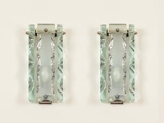 Cristal Art Pair of Hand-Chiseled Glass and Chrome Sconces, Italy, 1970s