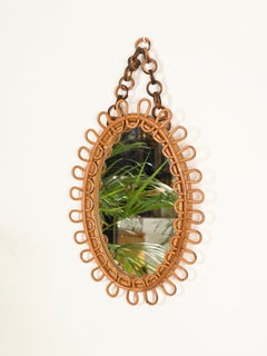 Franco Albini Small Oval Mirror with Chain in Rattan and Bamboo, Italy, 1960s