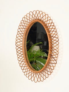 Franco Albini Large Oval Mirror in Bamboo, Rattan and Wicker, Italy, 1970s