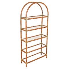 Large Italian Arch Étagère in Rattan and Brass, Gabriella Crespi Style, 1970s