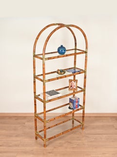 Large Italian Arch Étagère in Rattan and Brass, Gabriella Crespi Style, 1970s