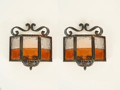 Pair of Brutalist Wrought Iron and Amber Glass Sconces by Longobard, Italy, 1970