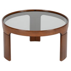 Molteni Italian Round Coffee Table in Walnut with Smoked Glass, 1960s